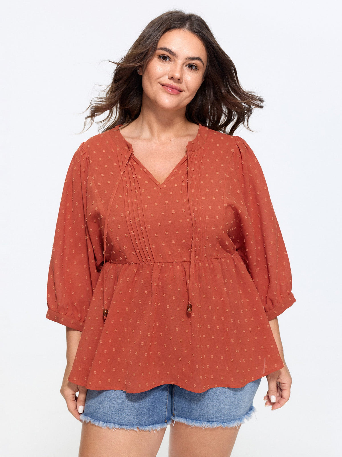 Textured V‑Neck Tie Front Pleated Blouse