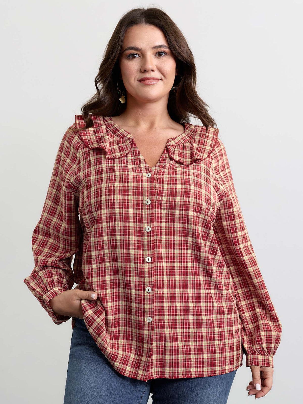 Gingham Print Ruffled Neck Button Blouse