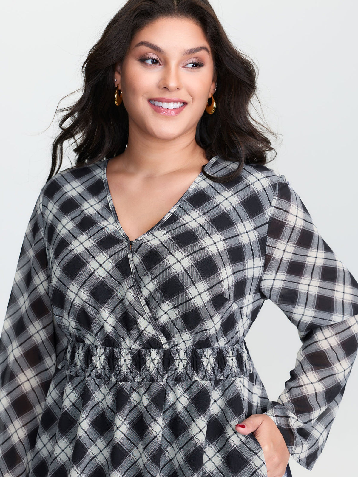 Checkered Pattern Shirred Waist Midi Dress