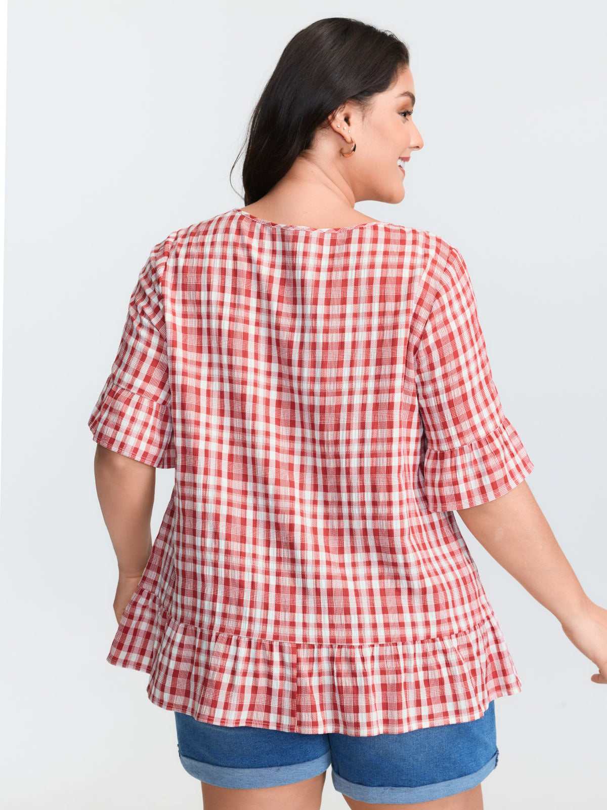 Sweet Gingham Print Ruffled Blouse