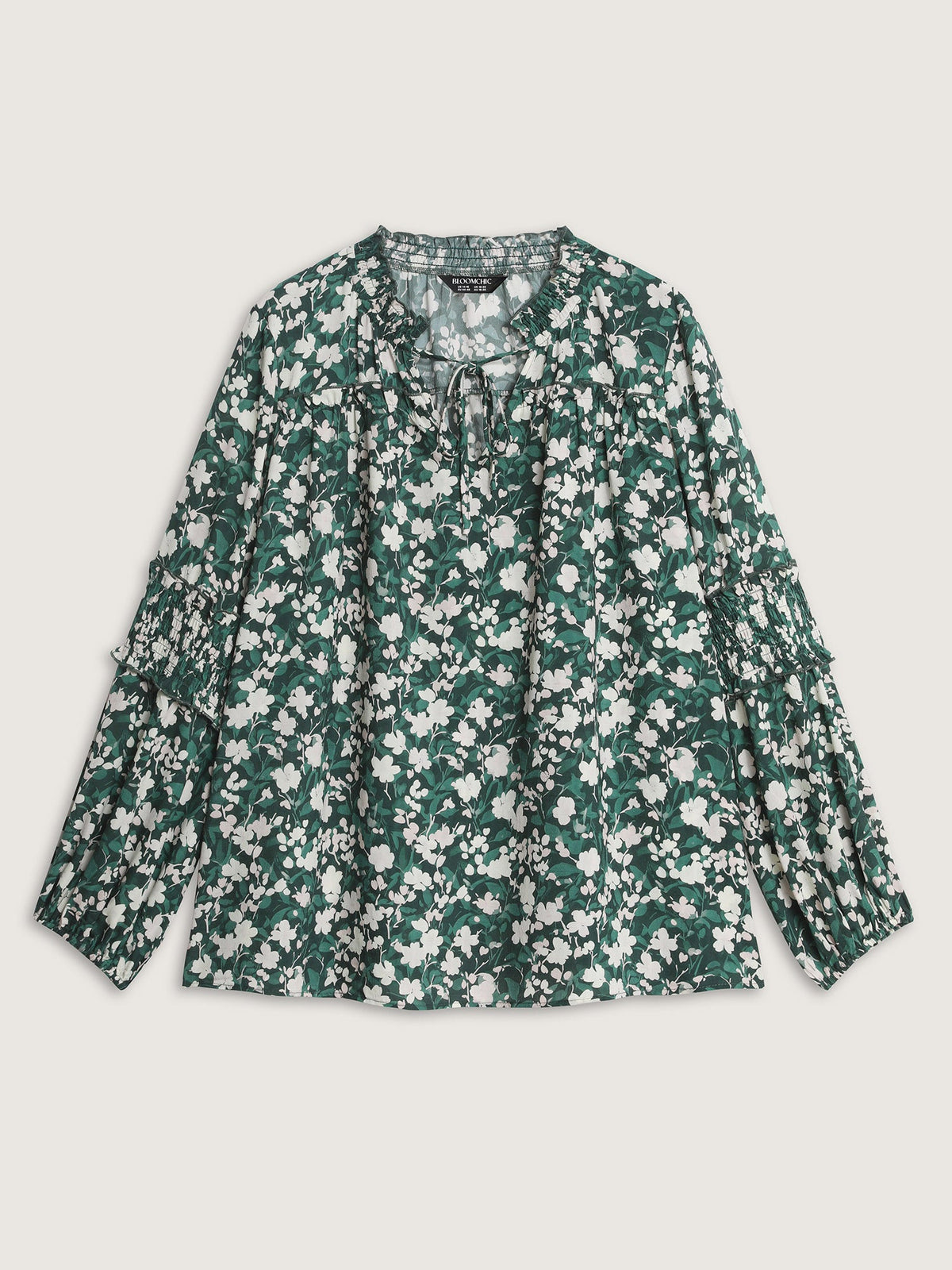 Floral Shirred Sleeve Drawstring Neckline Blouse