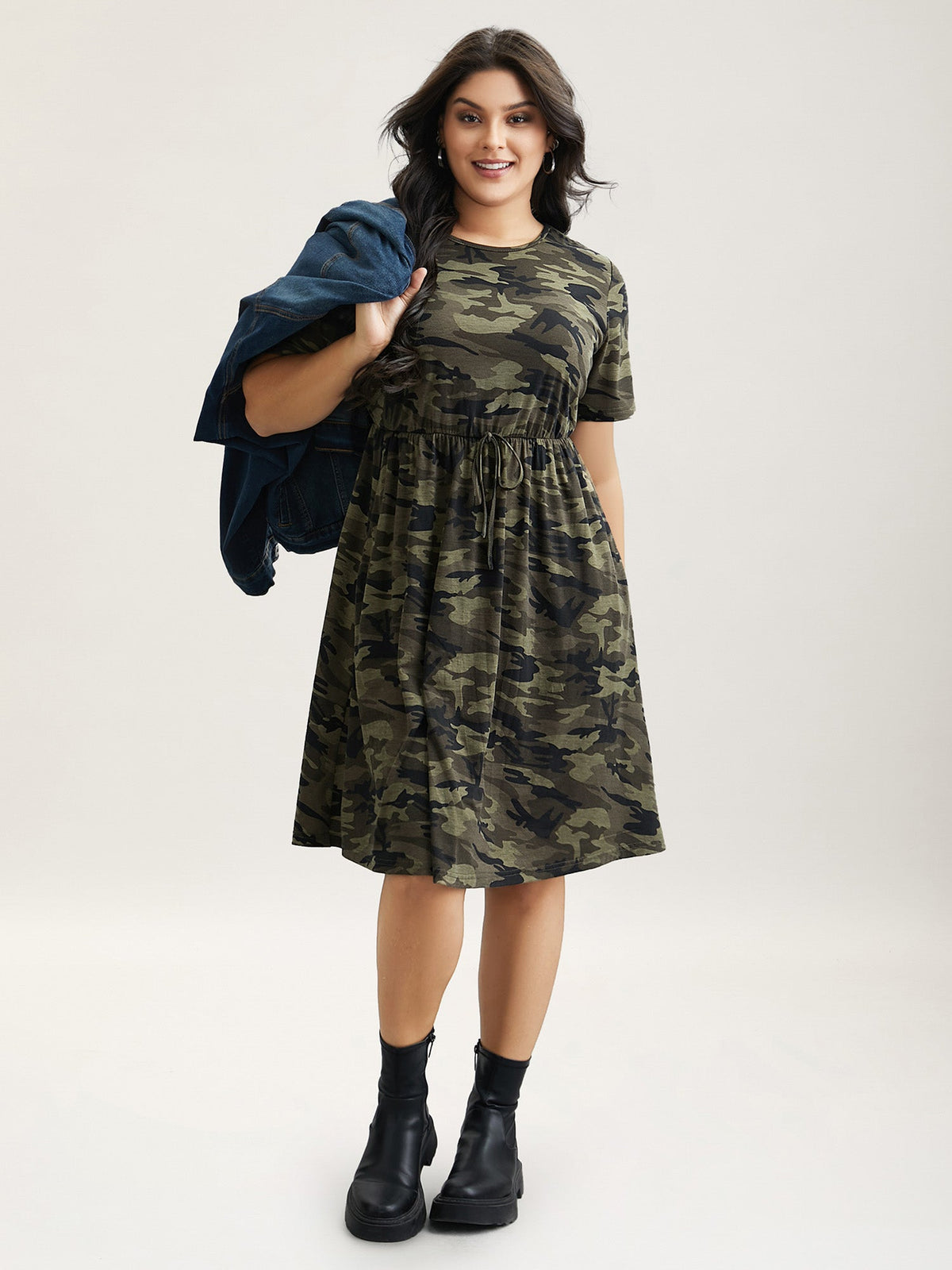 Camouflage Print Round Neck Pockets Midi Dress