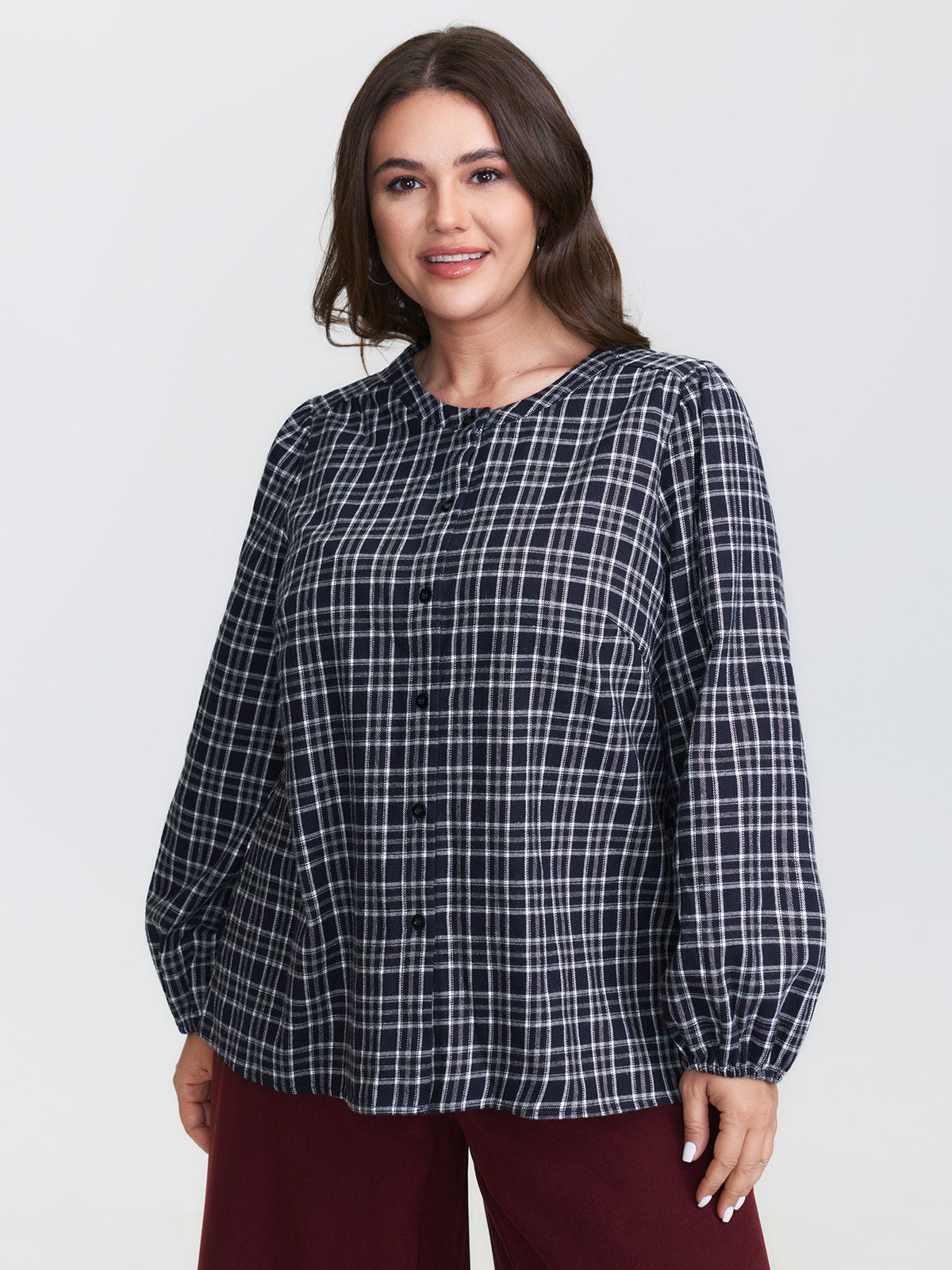 Plaid Pattern Button-Down Blouse