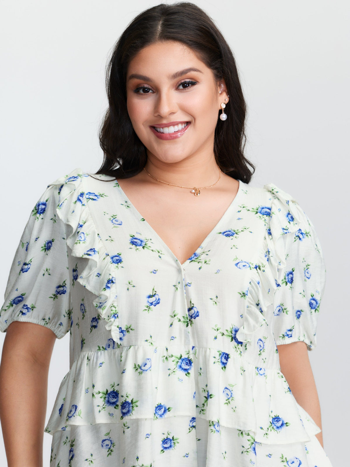 Floral Print Tiered V-Neck Blouse