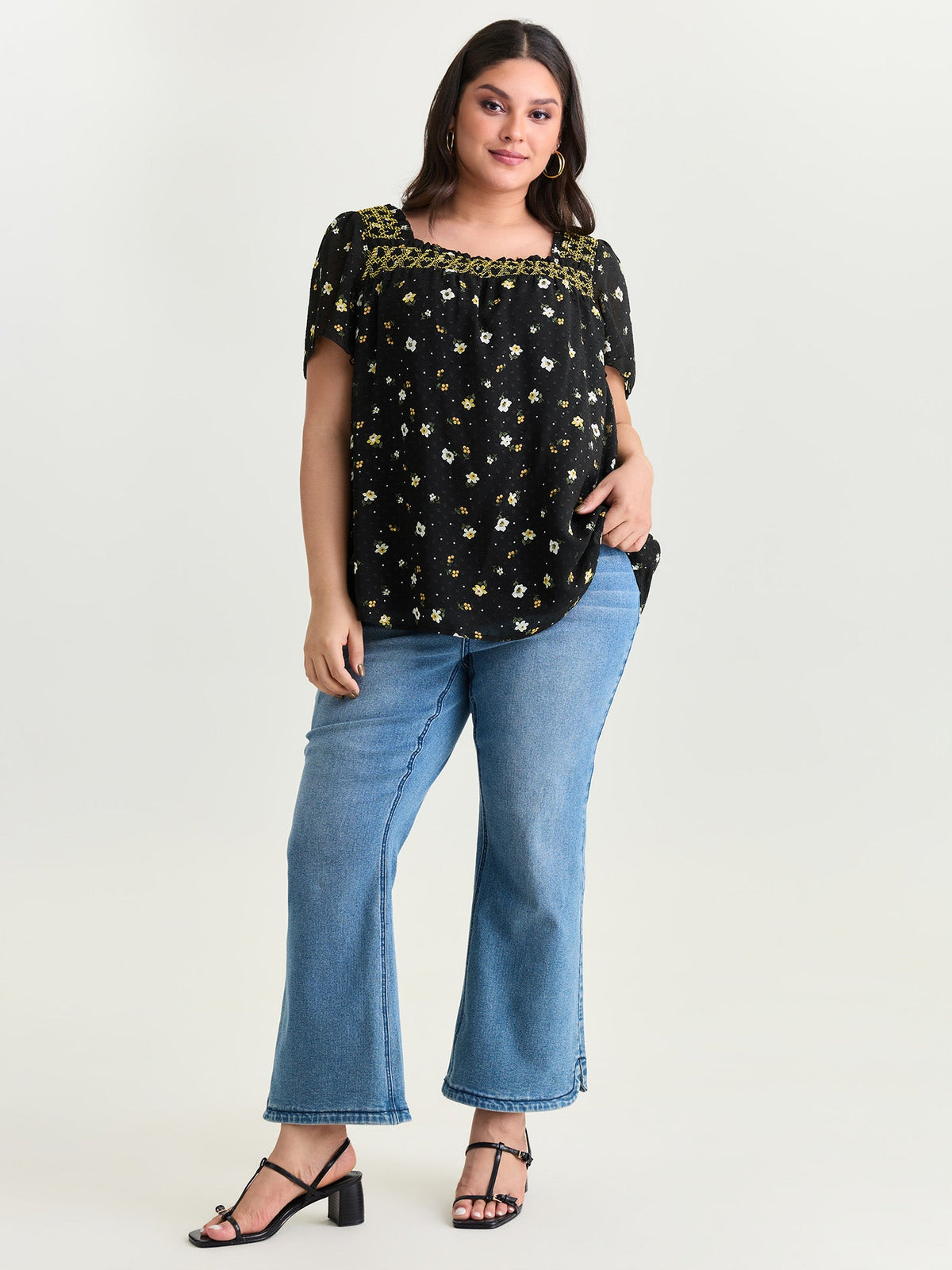 Laser Cut Floral Print Square Neckline Blouse