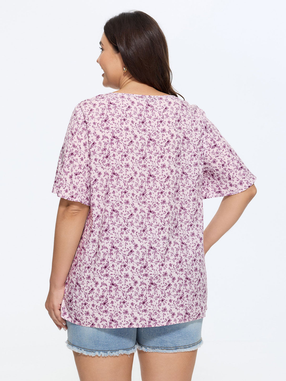 Floral Ruffle Sleeve Gathered Round Neck Blouse
