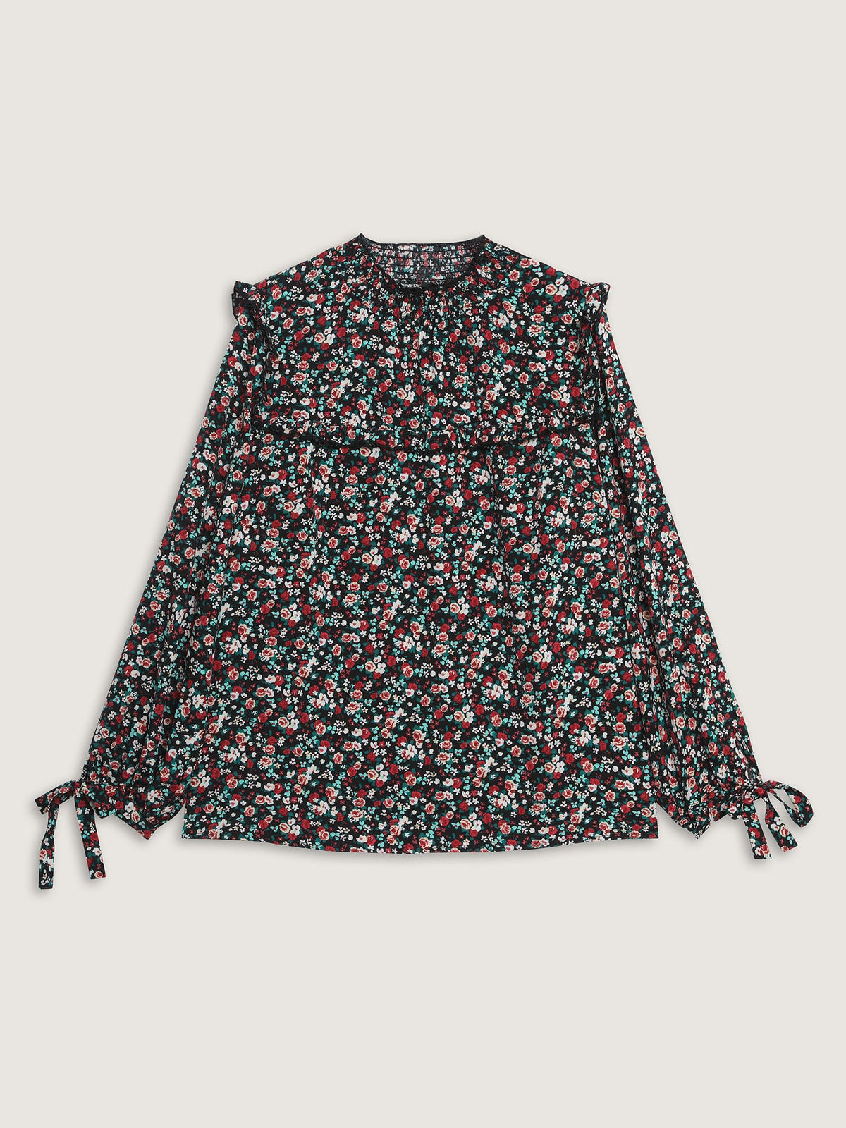 Floral Print Shirred Sleeve Tie Blouse