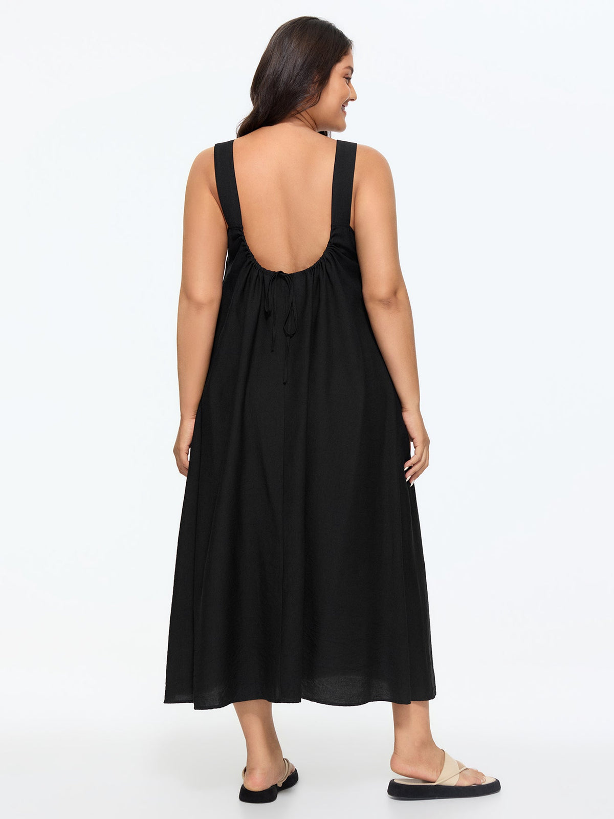 Square Neck Backless Drawstring Midi Dress