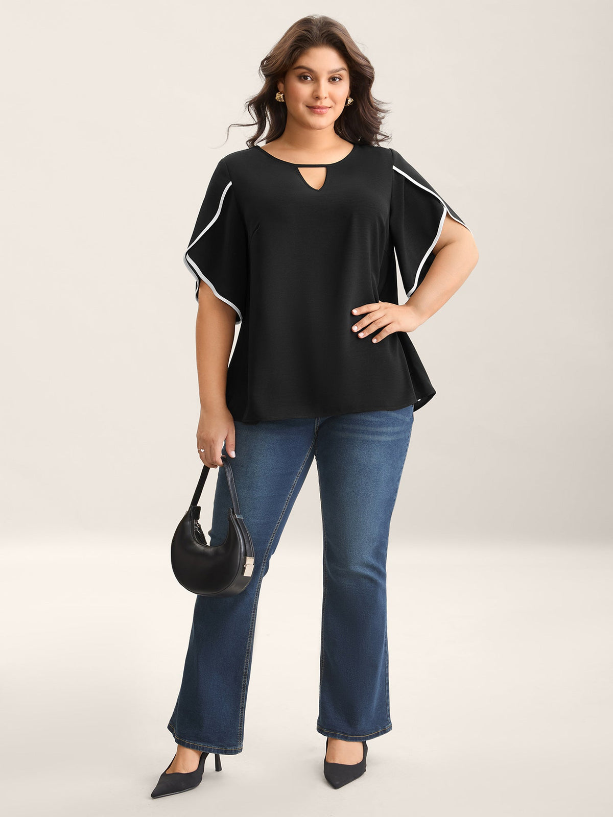 Color Contrast Petal Sleeve Shirt
