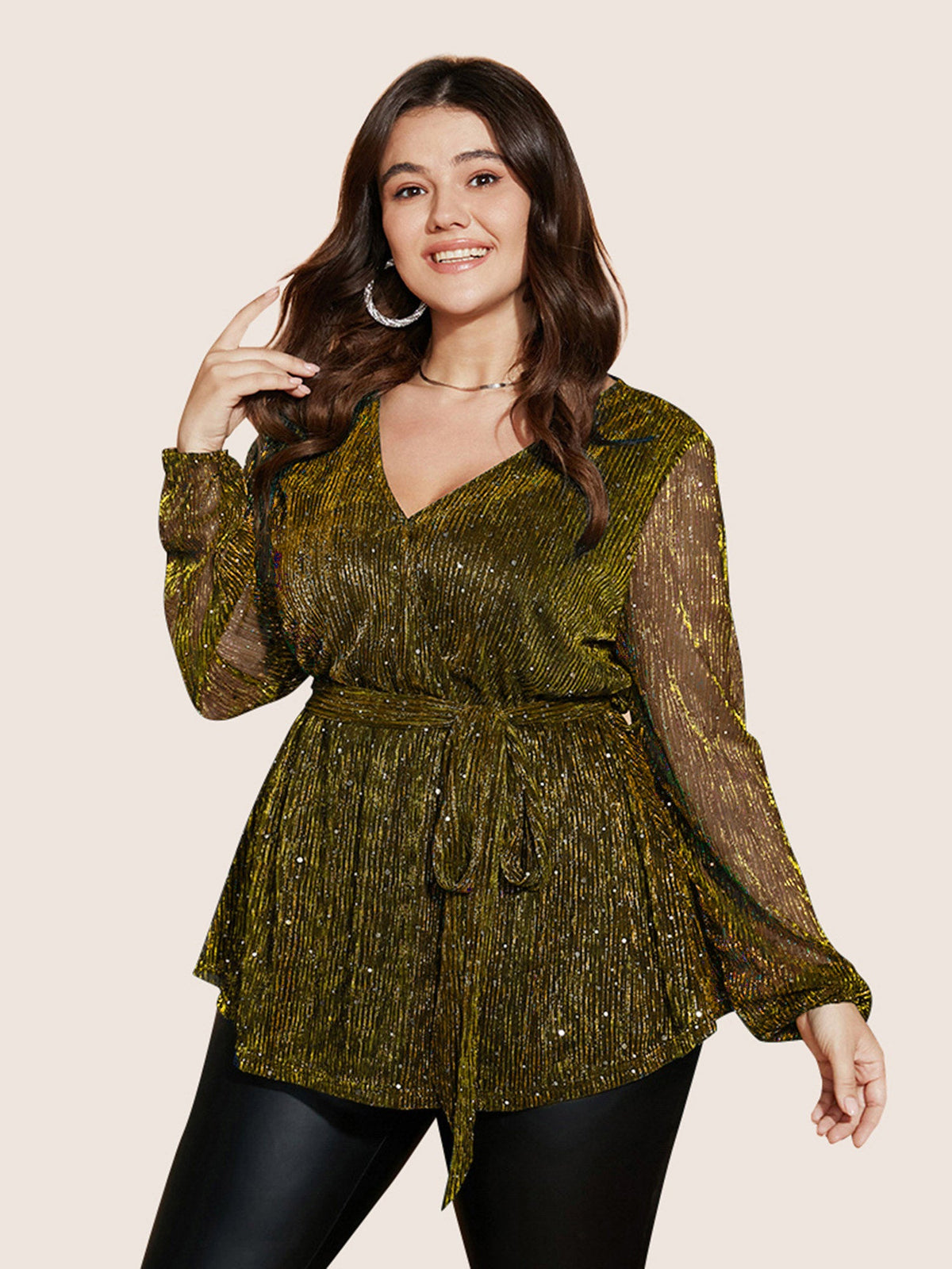 Sequin Mesh Lantern Sleeve Wrap Belted Striped Blouse