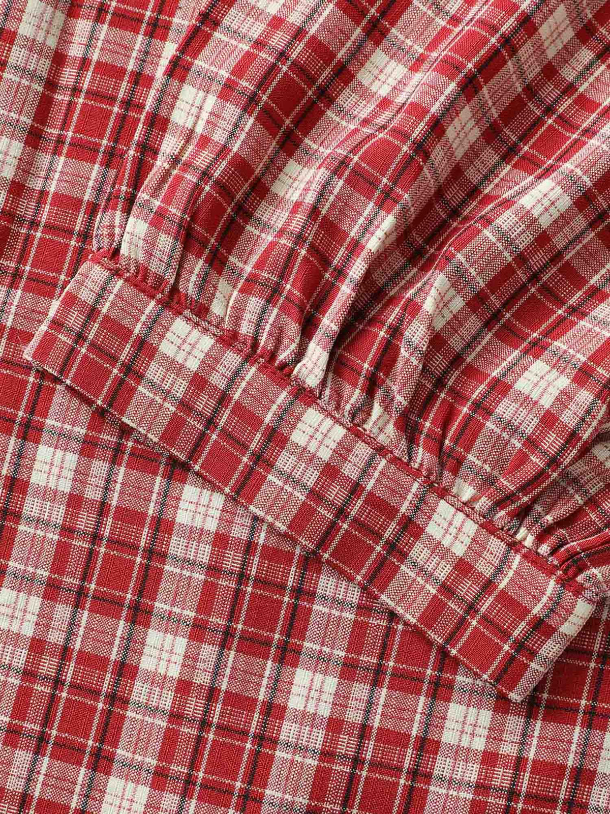 Gingham Print Ruffled Neck Button Blouse