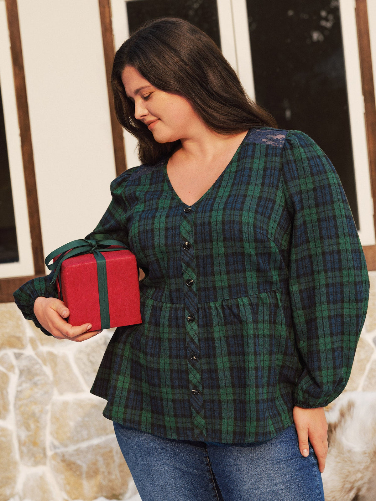 Plaid Lace Shoulder Button Front Peplum Blouse