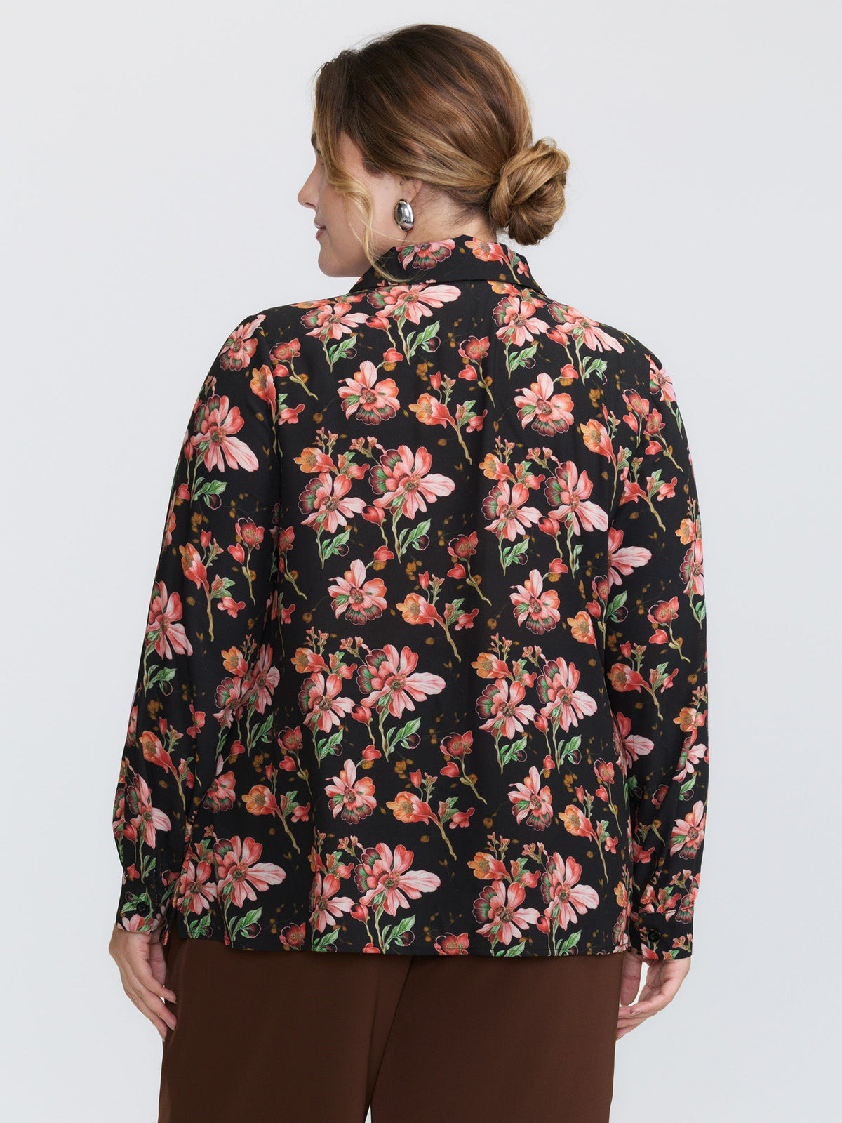 Floral Print Pleated Bow Button-Down Shirt