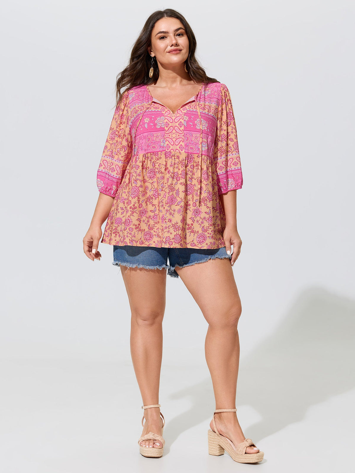 Color Block Paisley Print Babydoll Blouse