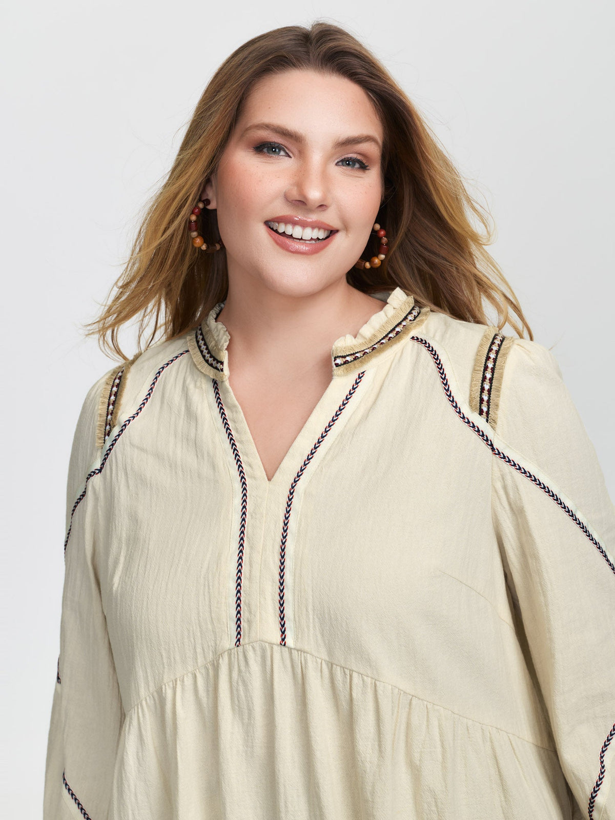 Cotton Contrast Webbing Notched Collar Blouse
