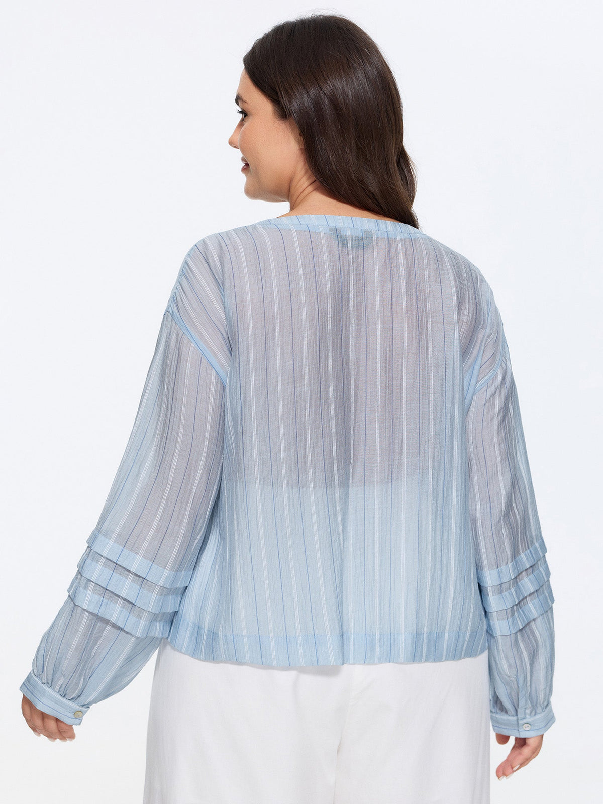 Sheer Striped Print Pleated Sleeve Blouse