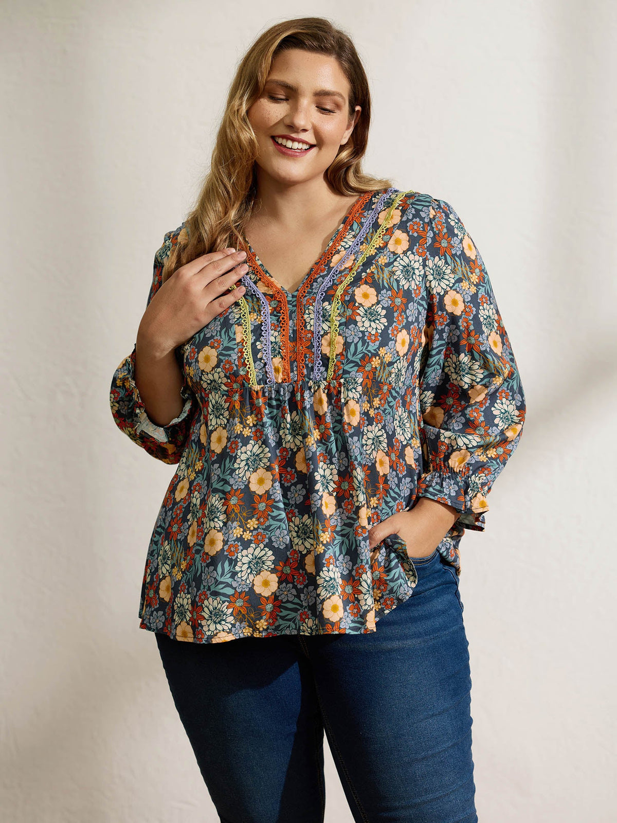 Cozy Floral Print Lace Trim Blouse