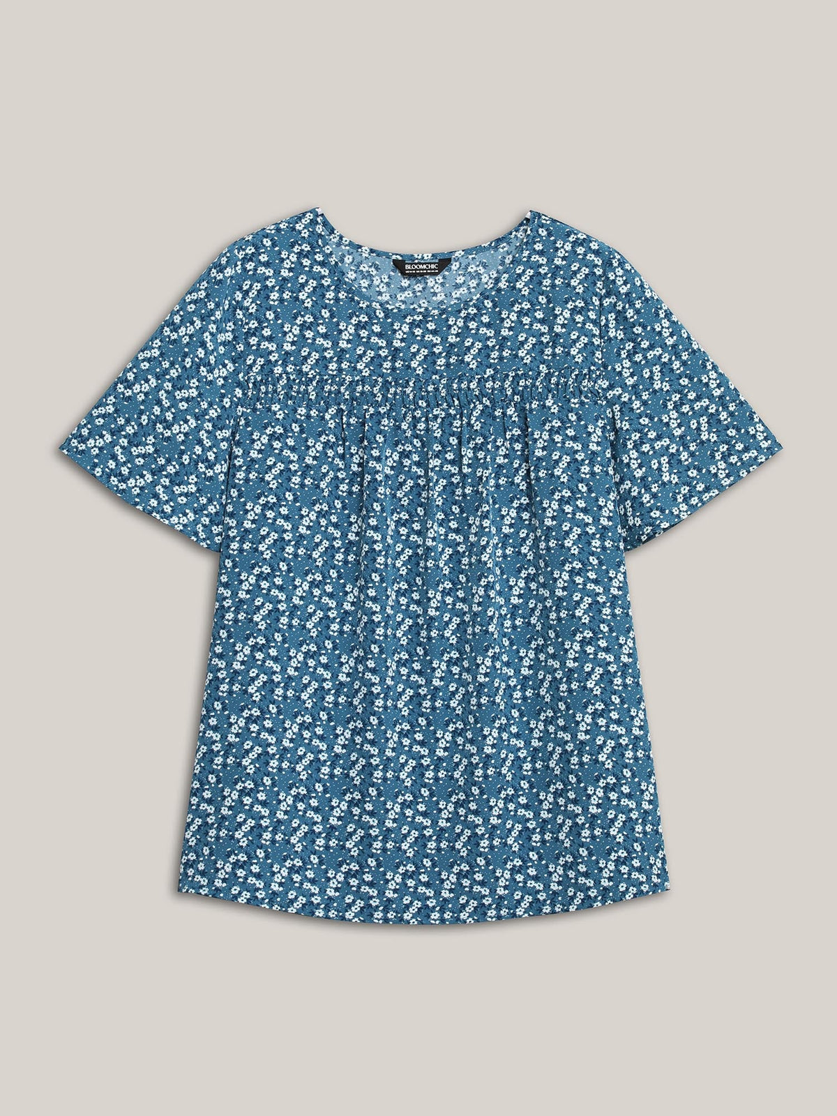 Floral Ruffle Sleeve Gathered Round Neck Blouse