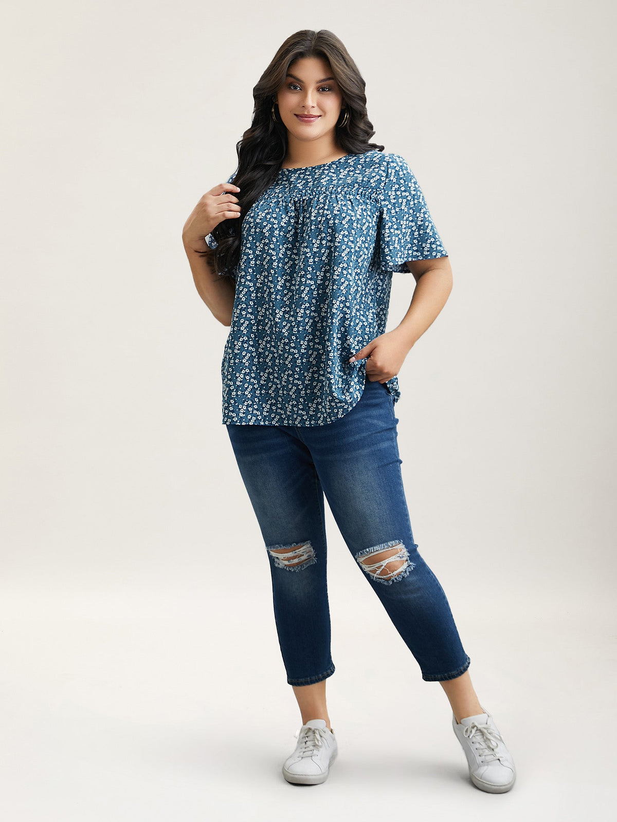 Floral Ruffle Sleeve Gathered Round Neck Blouse
