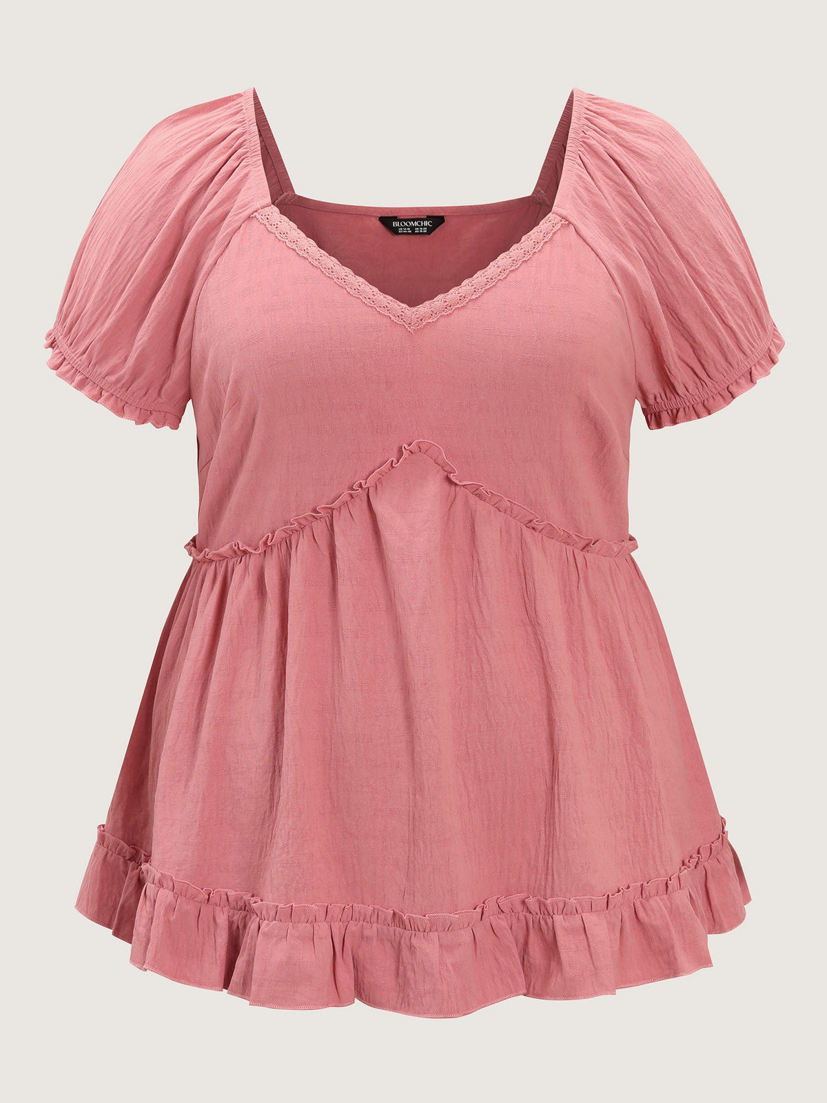 Lace Trim Ruffled Hem Plain Blouse