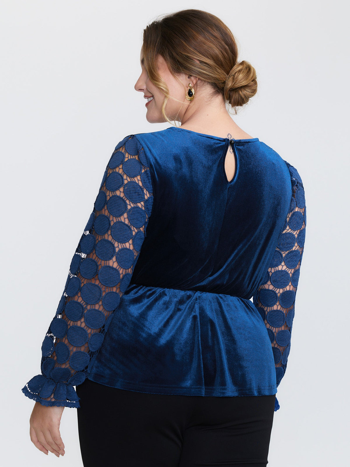 Velvet Sheer Lace Sleeve Flared Blouse
