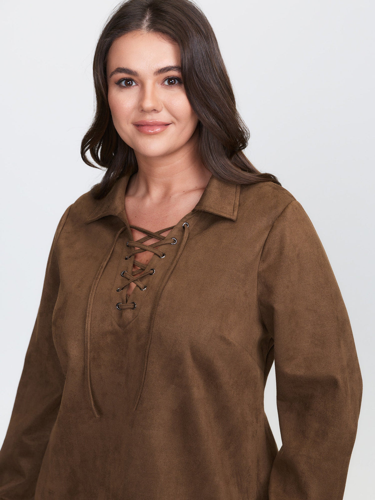 Suede Cross-Tie Neckline Curvy-Fit Blouse