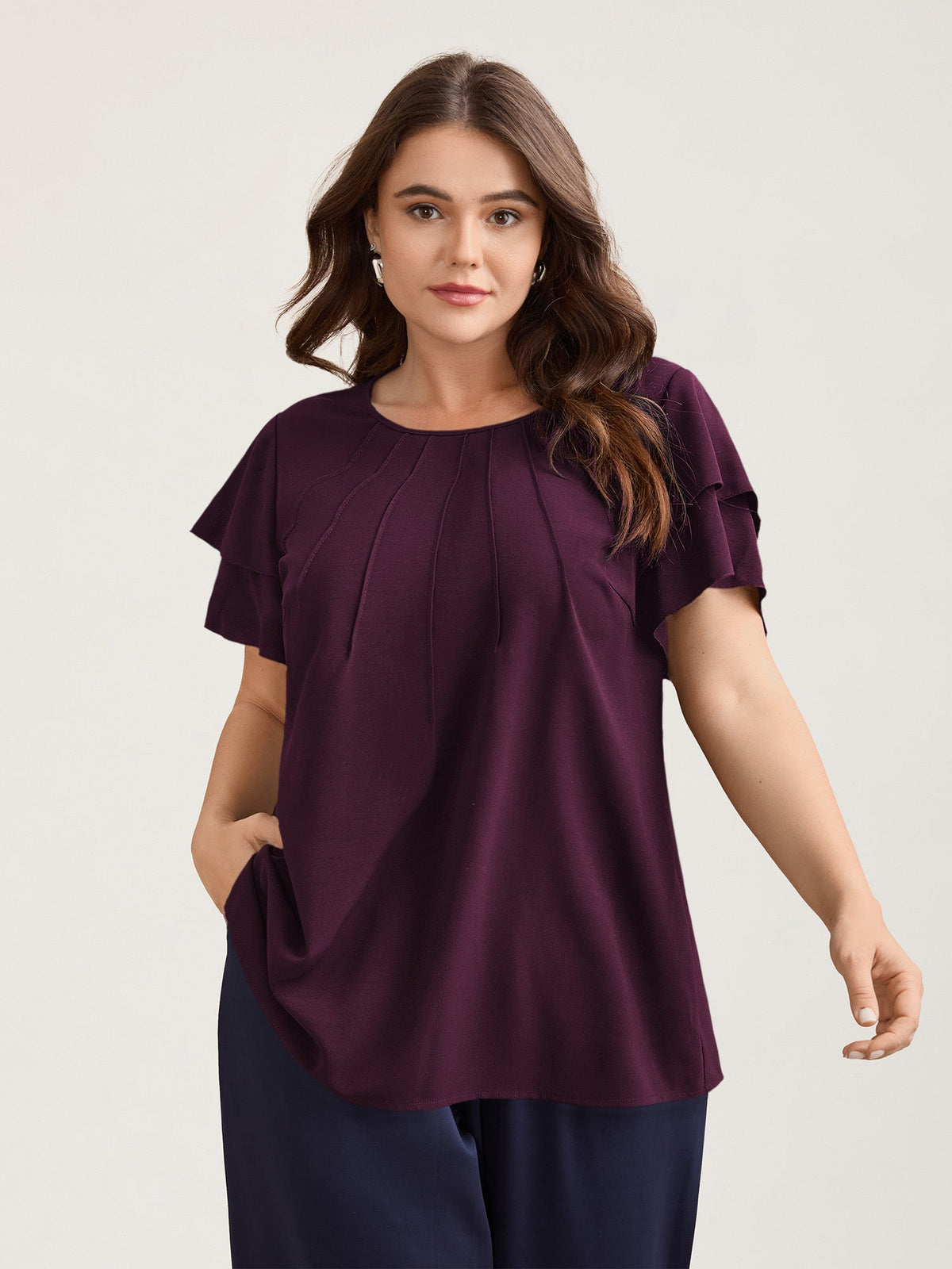 Toothpick Pleat Layered Flutter Sleeve Blouse
