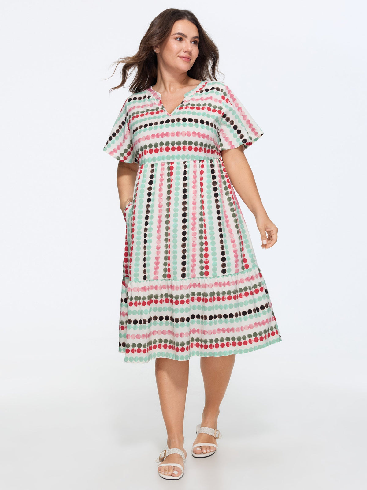 Dot Print Elastic Waist Split Neck Mini Dress