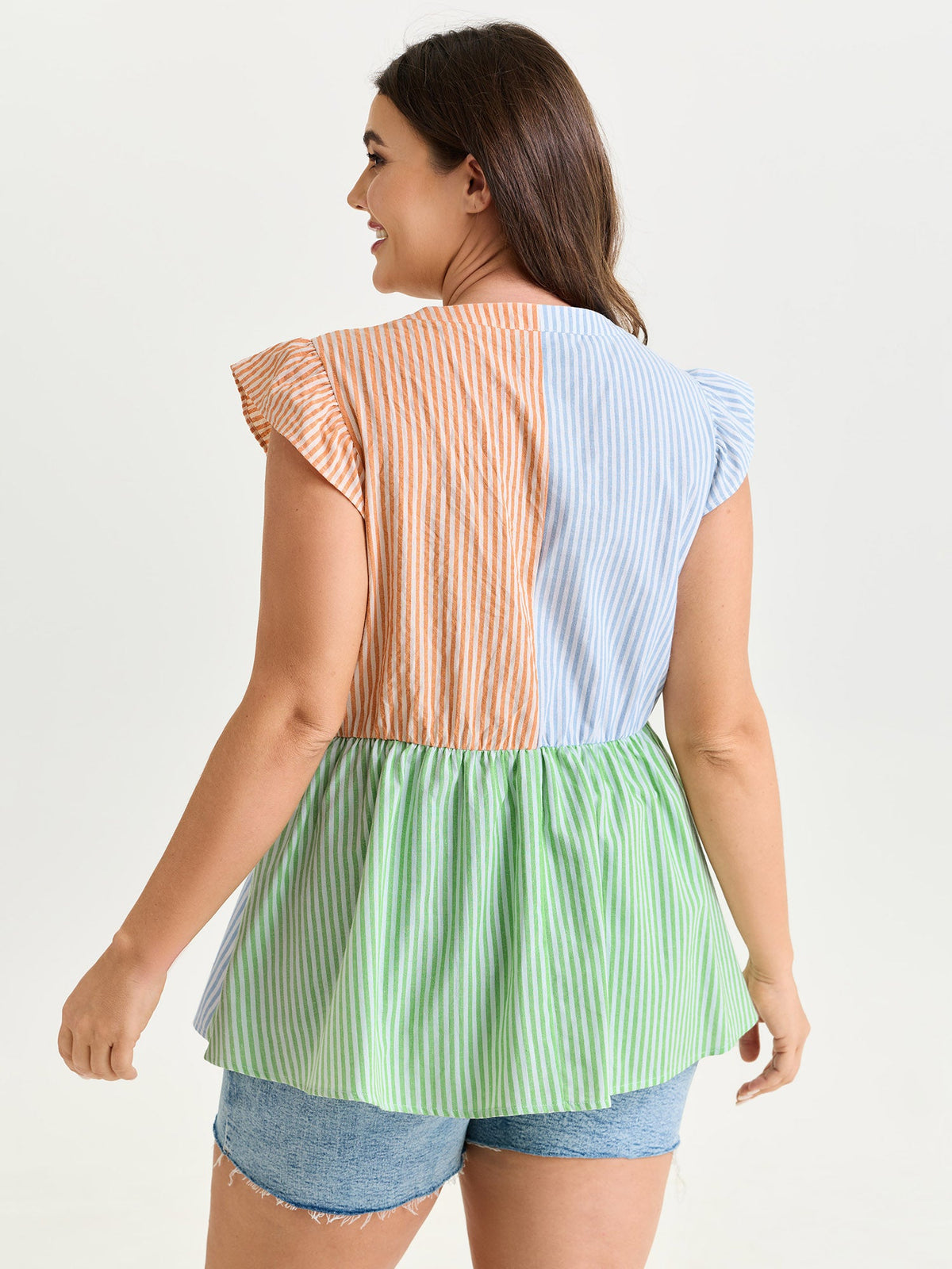 Colorblock Striped Print Flutter Sleeve Blouse