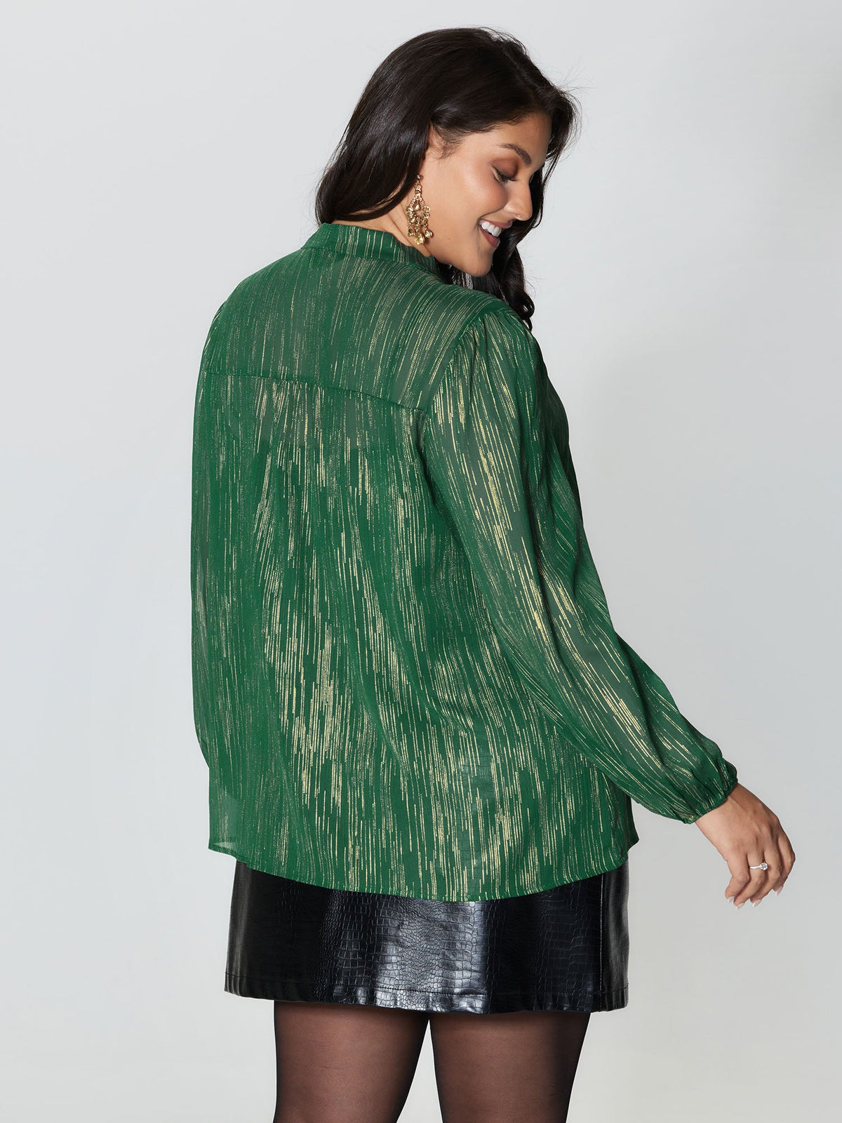 Gold Stamp Sheer Collar-Tie Blouse