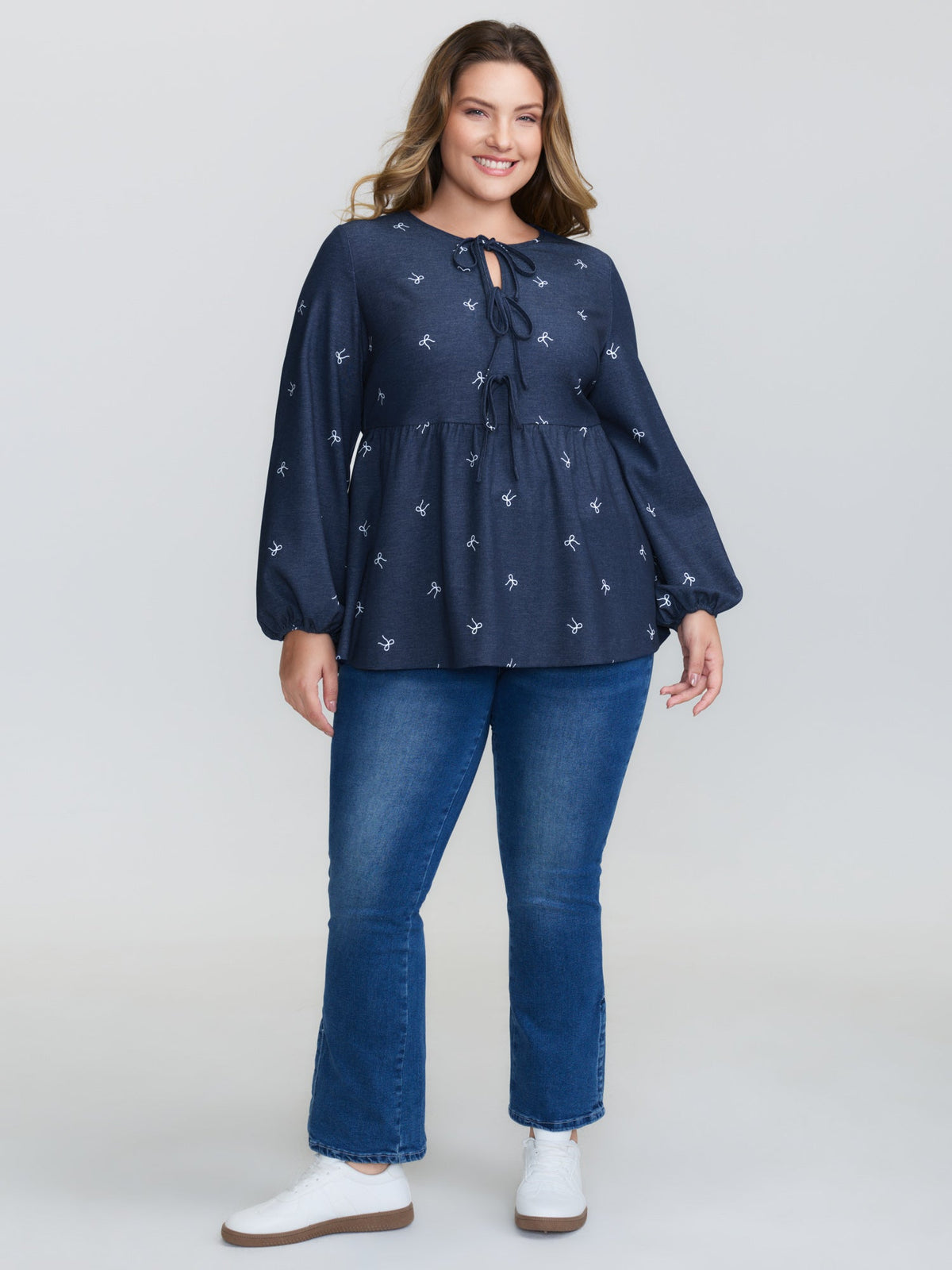 Stretchy Neck-Tie Bubble Sleeve Blouse