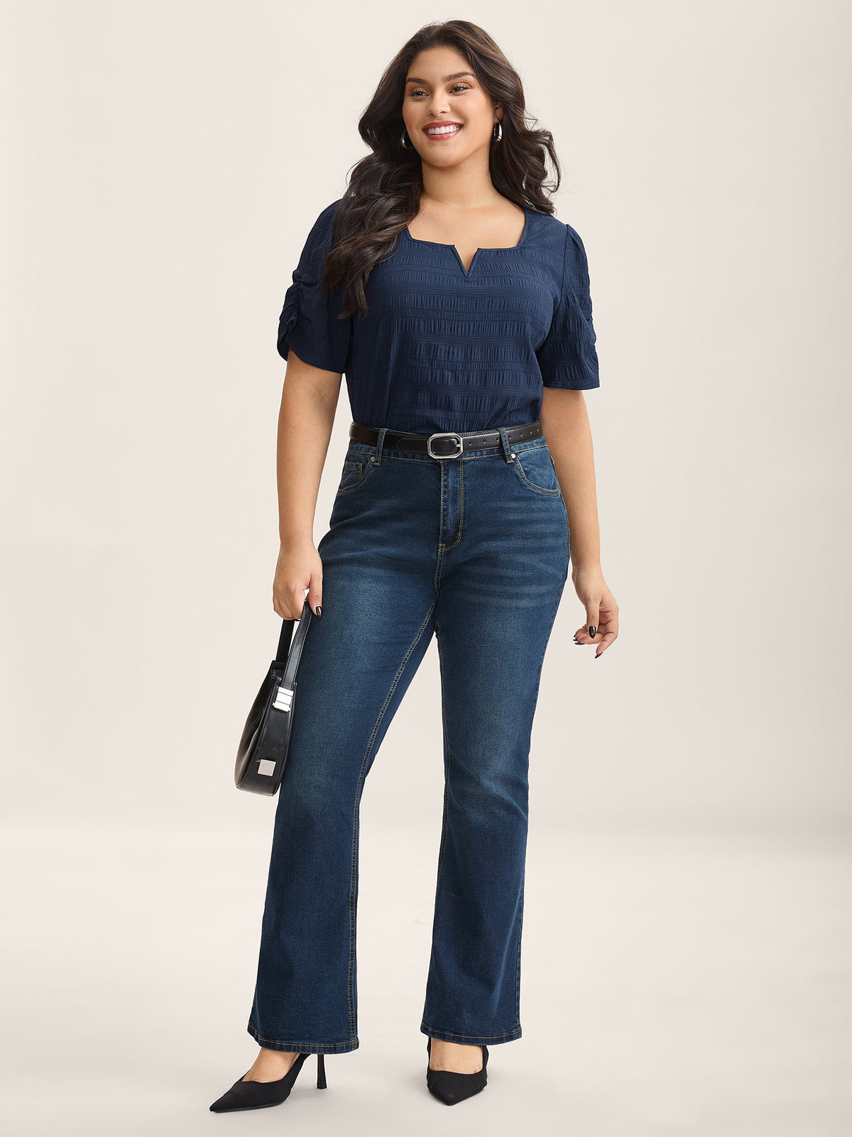 Textured Gathered Sleeve Split Neck Blouse