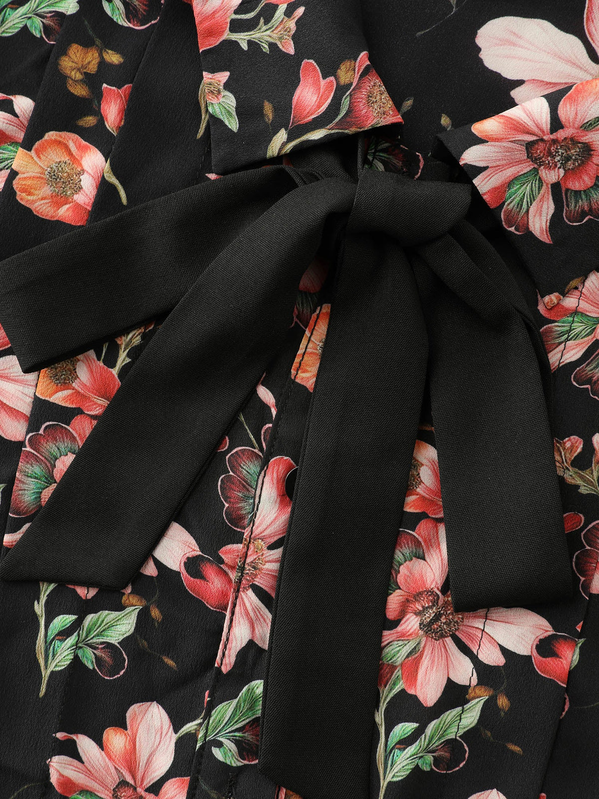 Floral Print Pleated Bow Button-Down Shirt