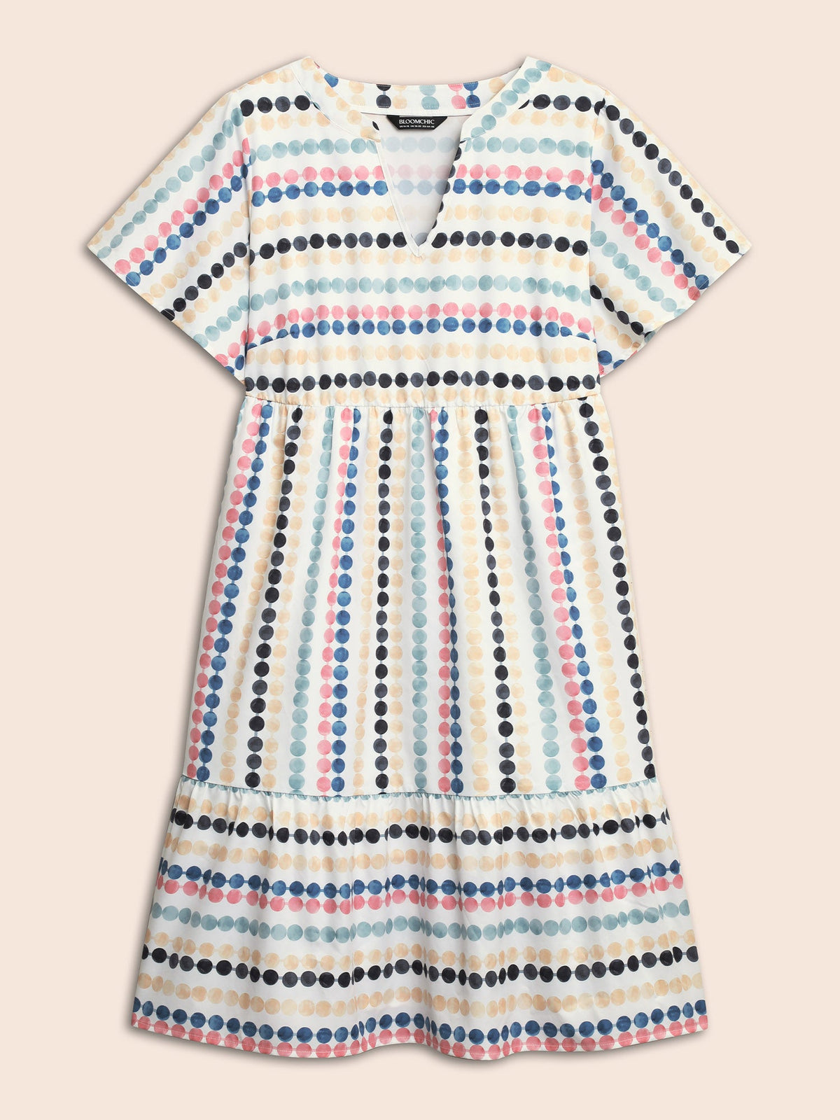 Dot Print Elastic Waist Split Neck Mini Dress