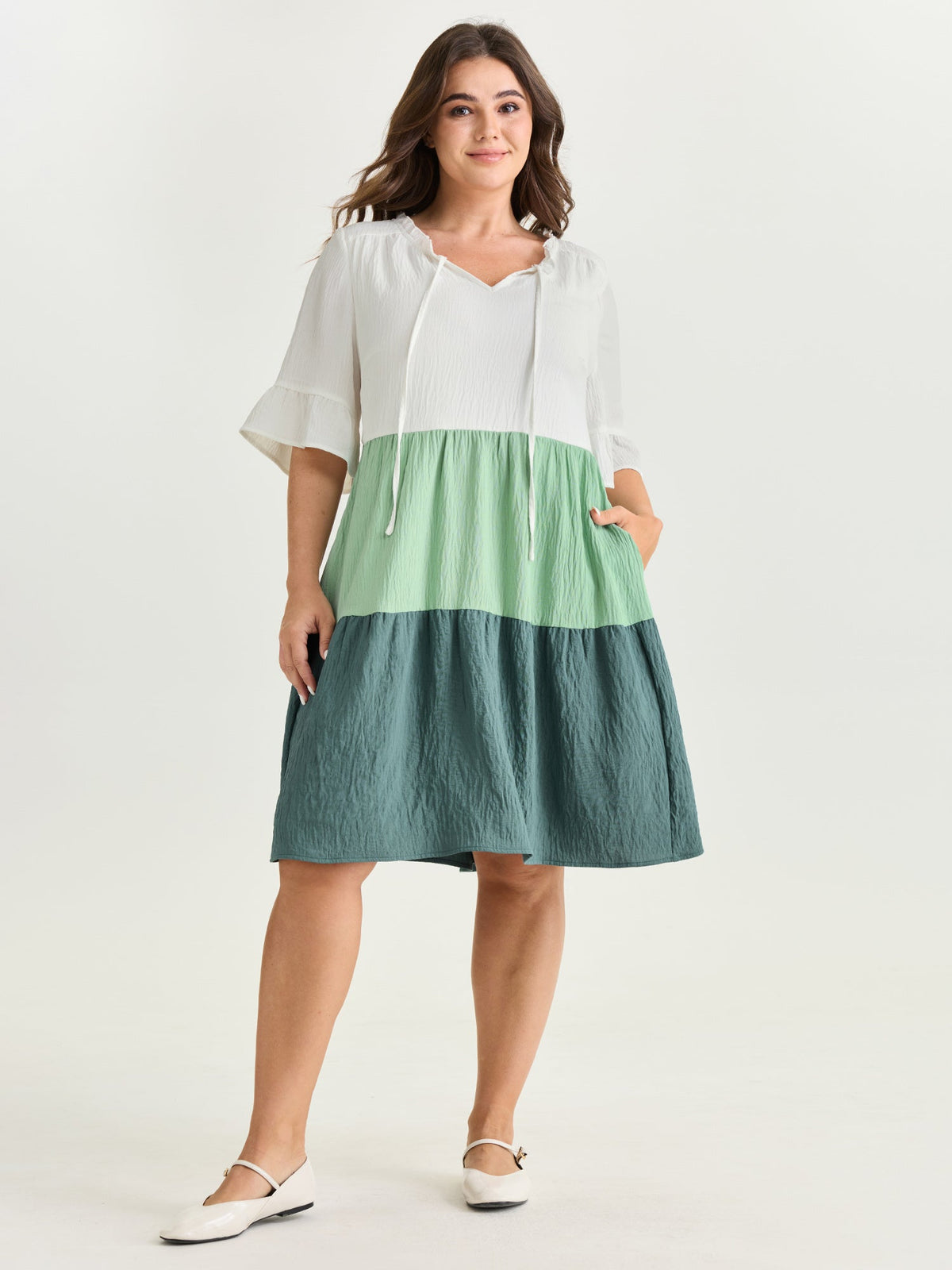 Colorblock Drawstring Neckline Tiered Mini Dress