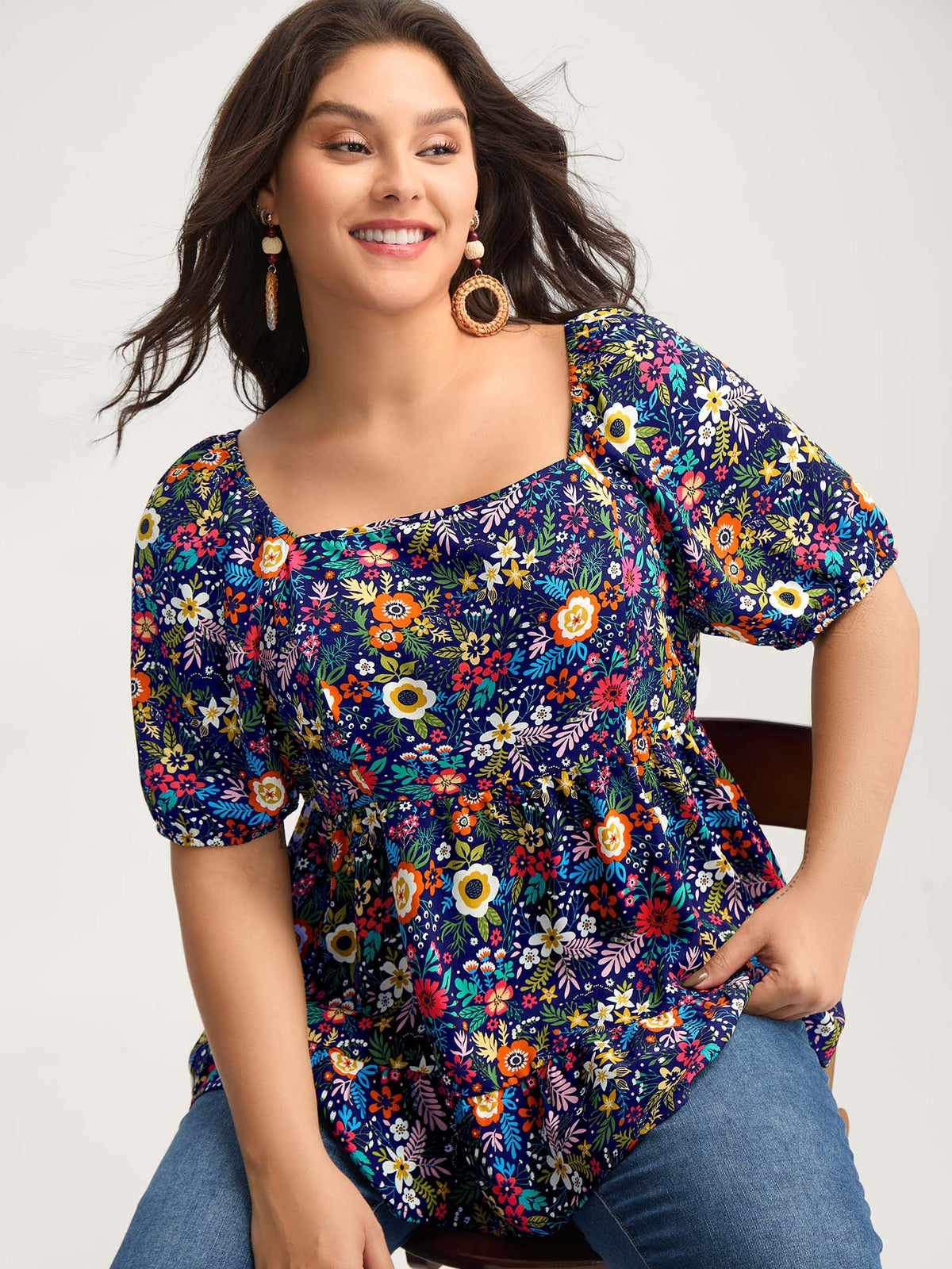 Floral Square Neck Fit and Flare Blouse