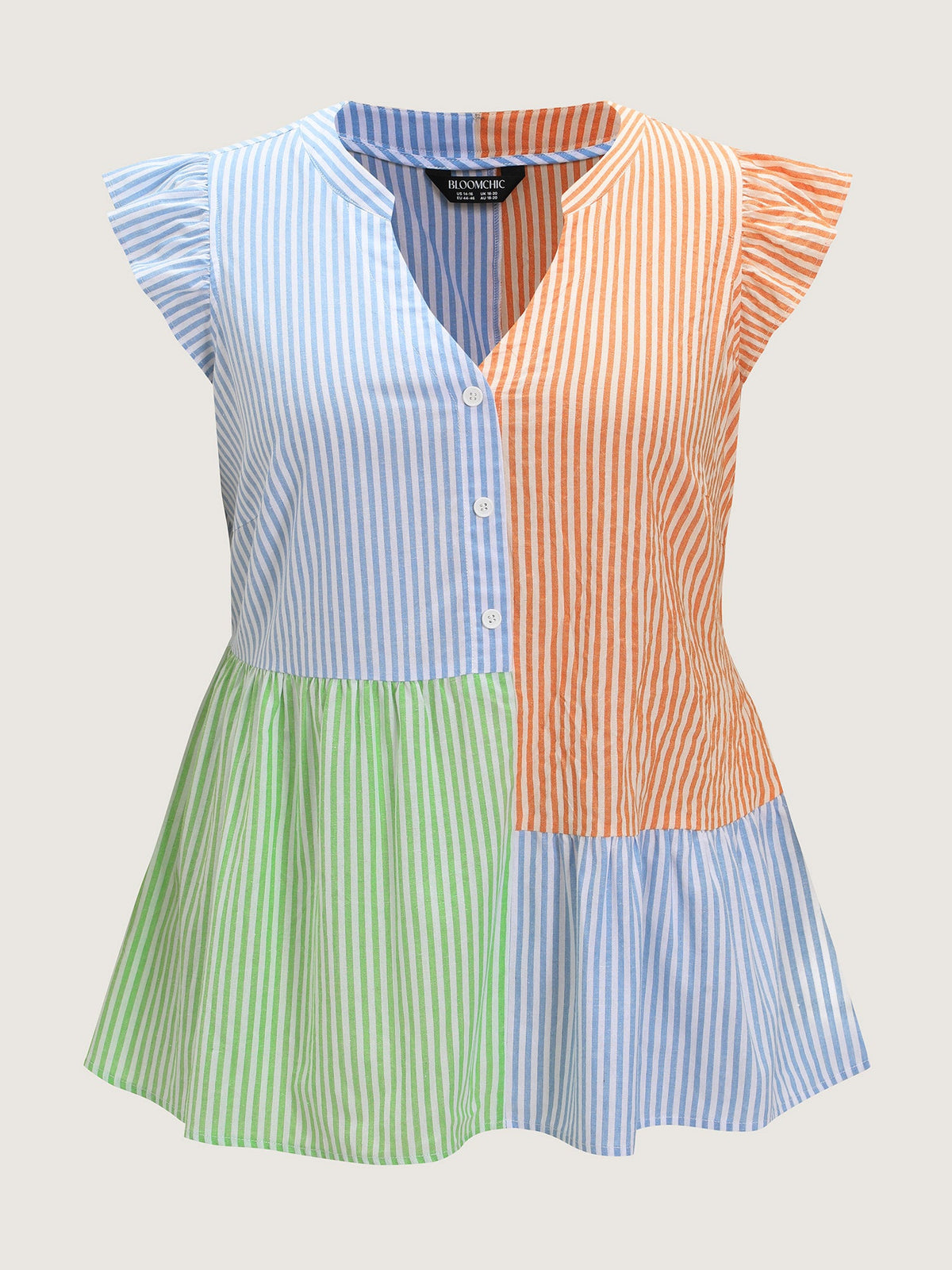 Colorblock Striped Print Flutter Sleeve Blouse