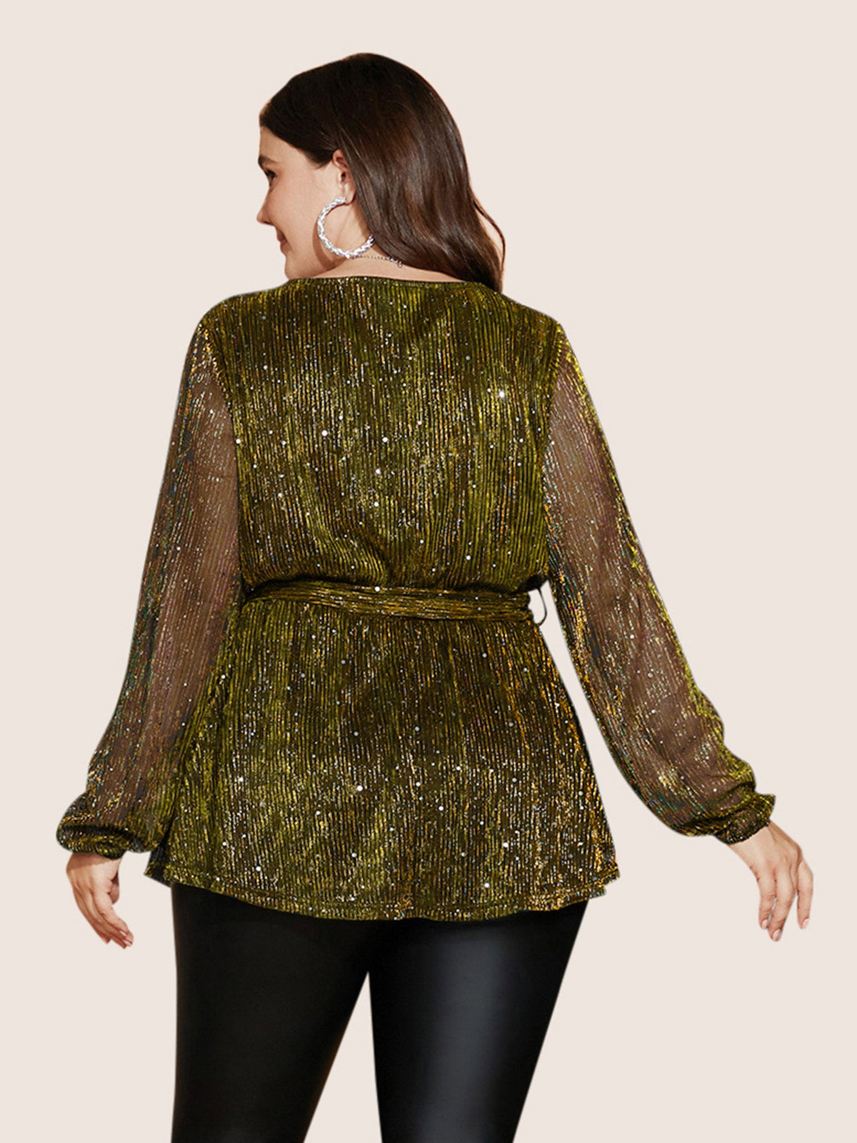 Sequin Mesh Lantern Sleeve Wrap Belted Striped Blouse