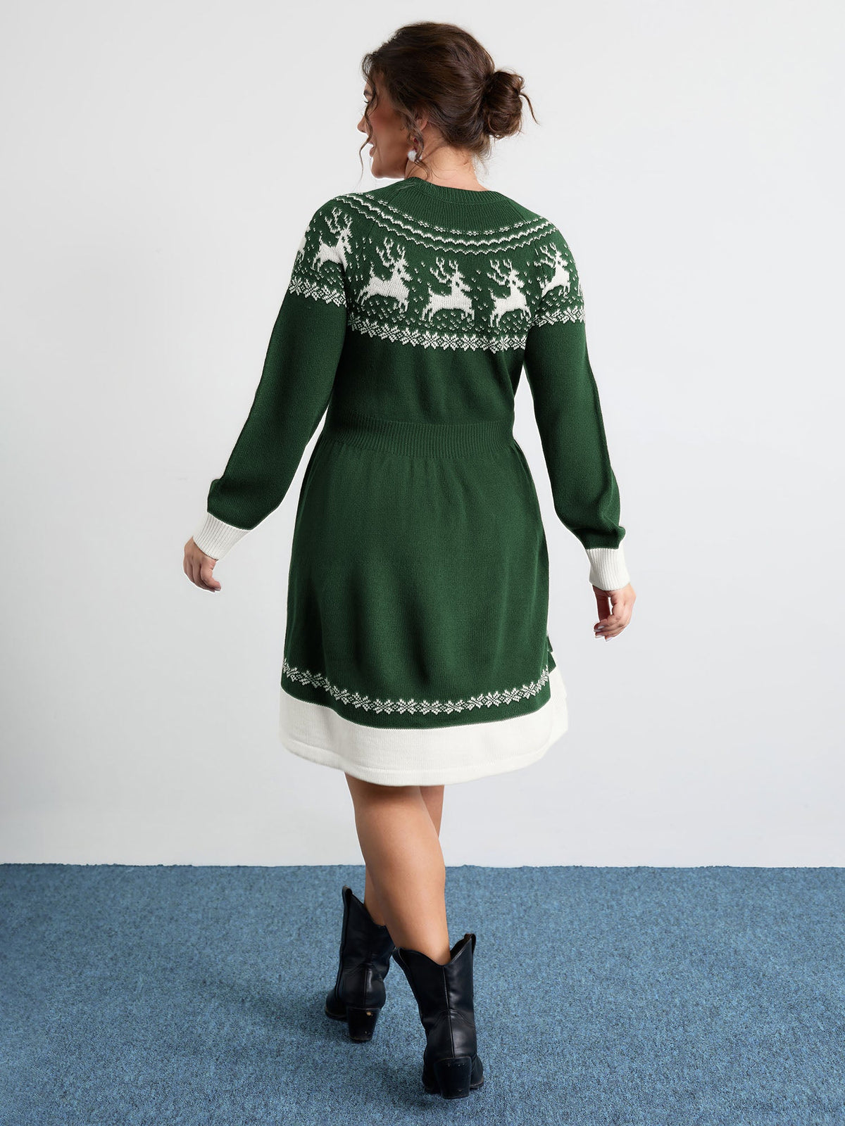 Reindeer Print Cinched-Waist Sweater Mini Dress