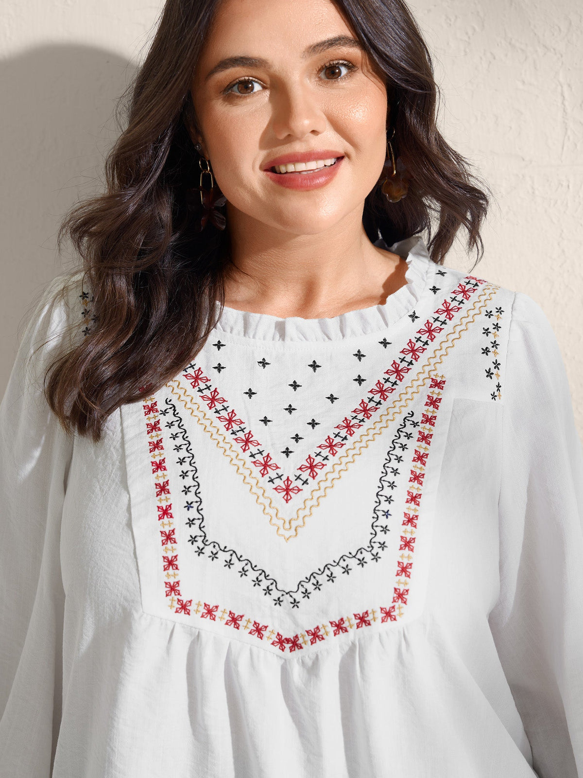 Boho Embroidered Neckline Ruffled Neck Blouse