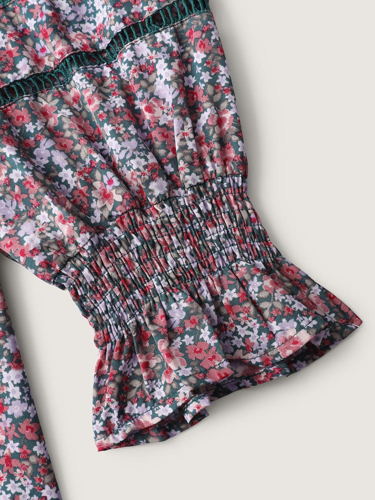 Floral Print Lace Trim Placket Blouse