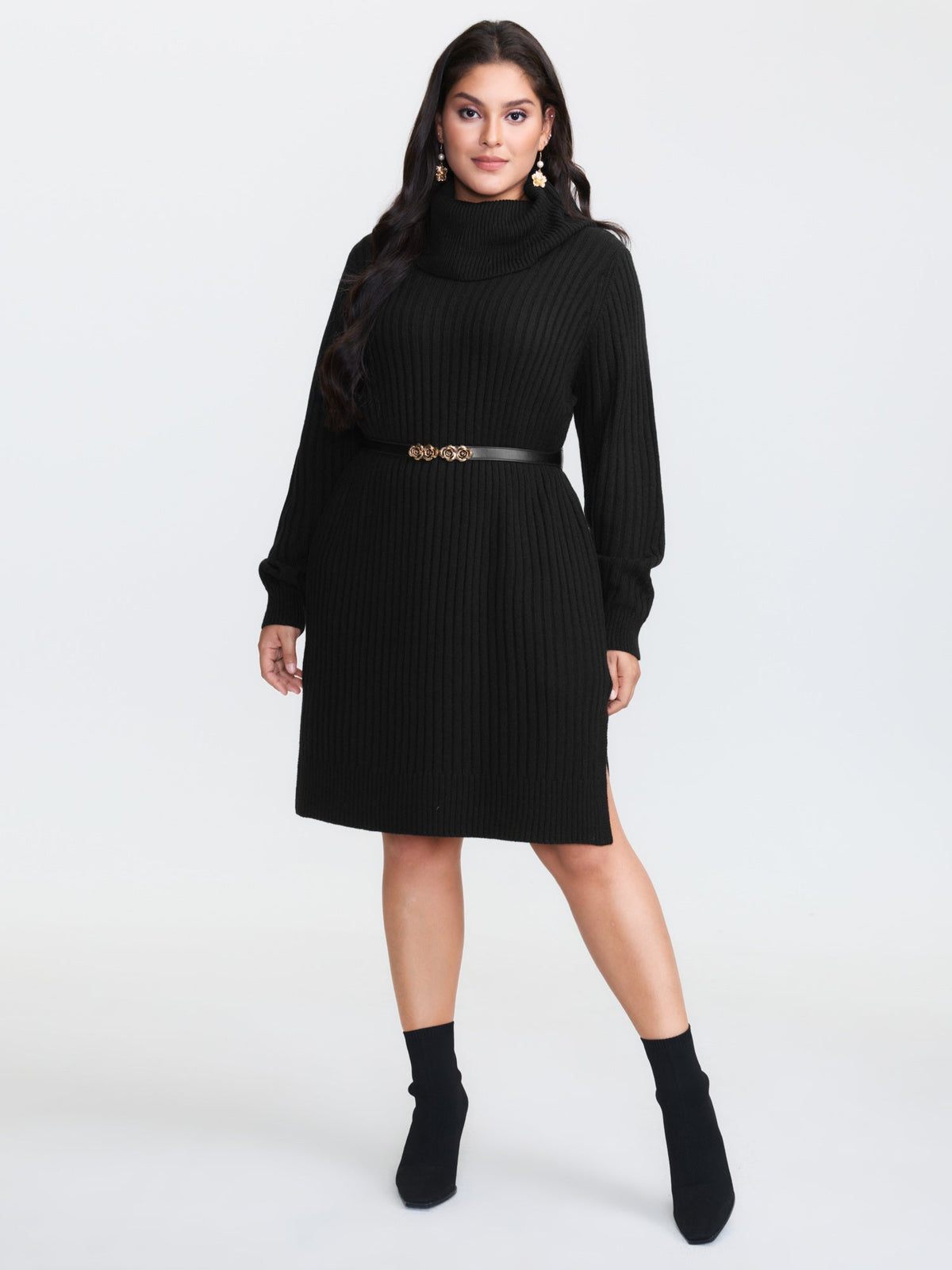 High Turtleneck Textured Sweater Dress