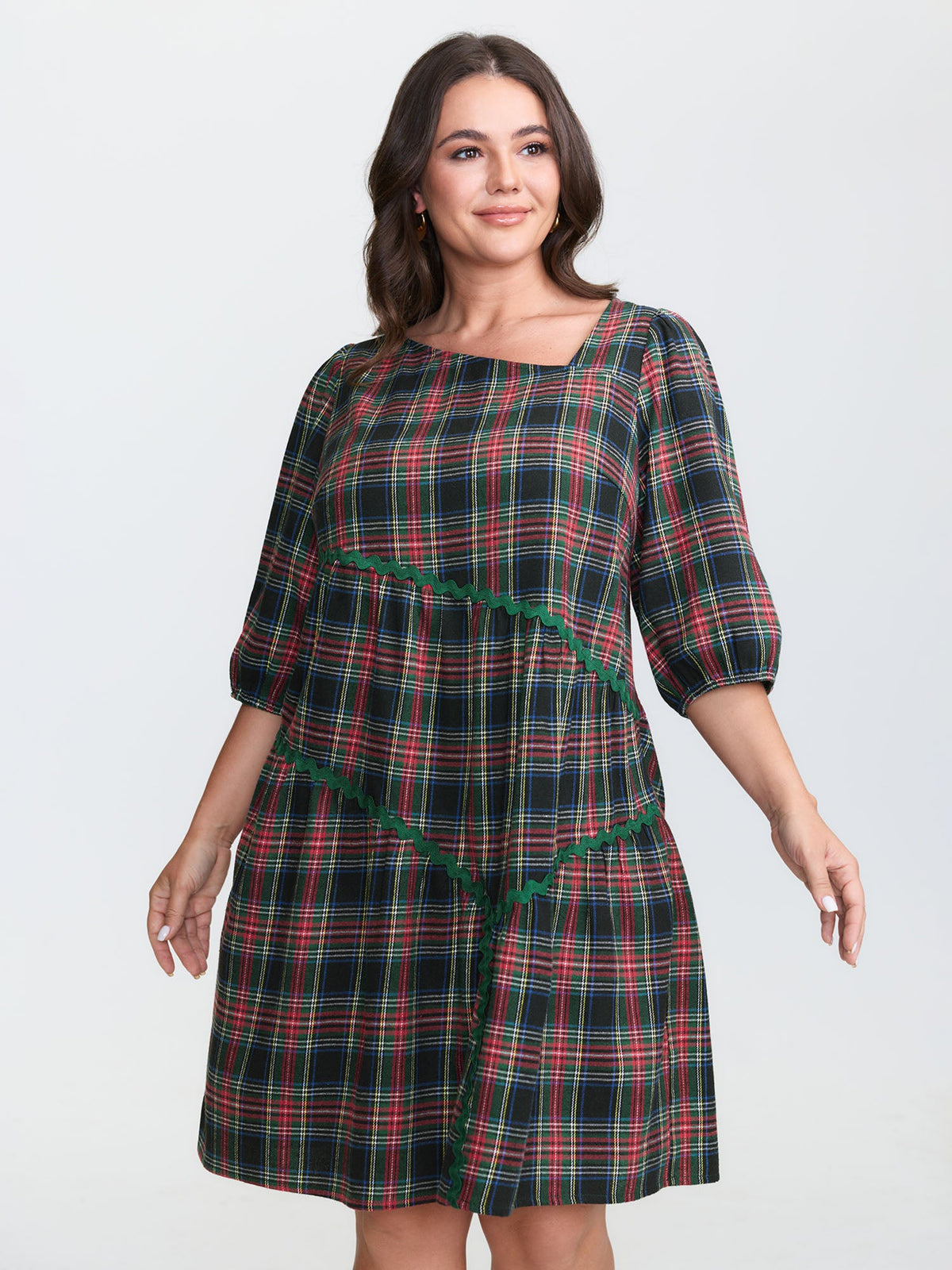 Festive Plaid Wavy Trim Mini Dress