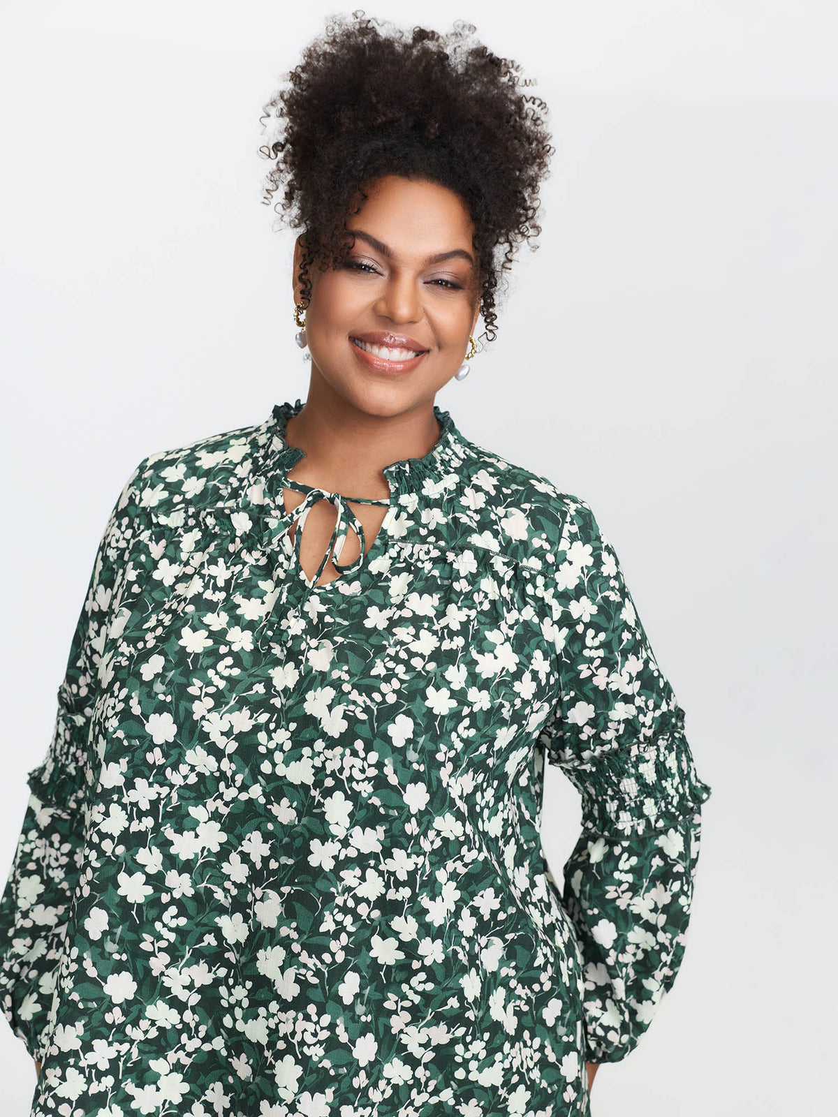 Floral Shirred Sleeve Drawstring Neckline Blouse