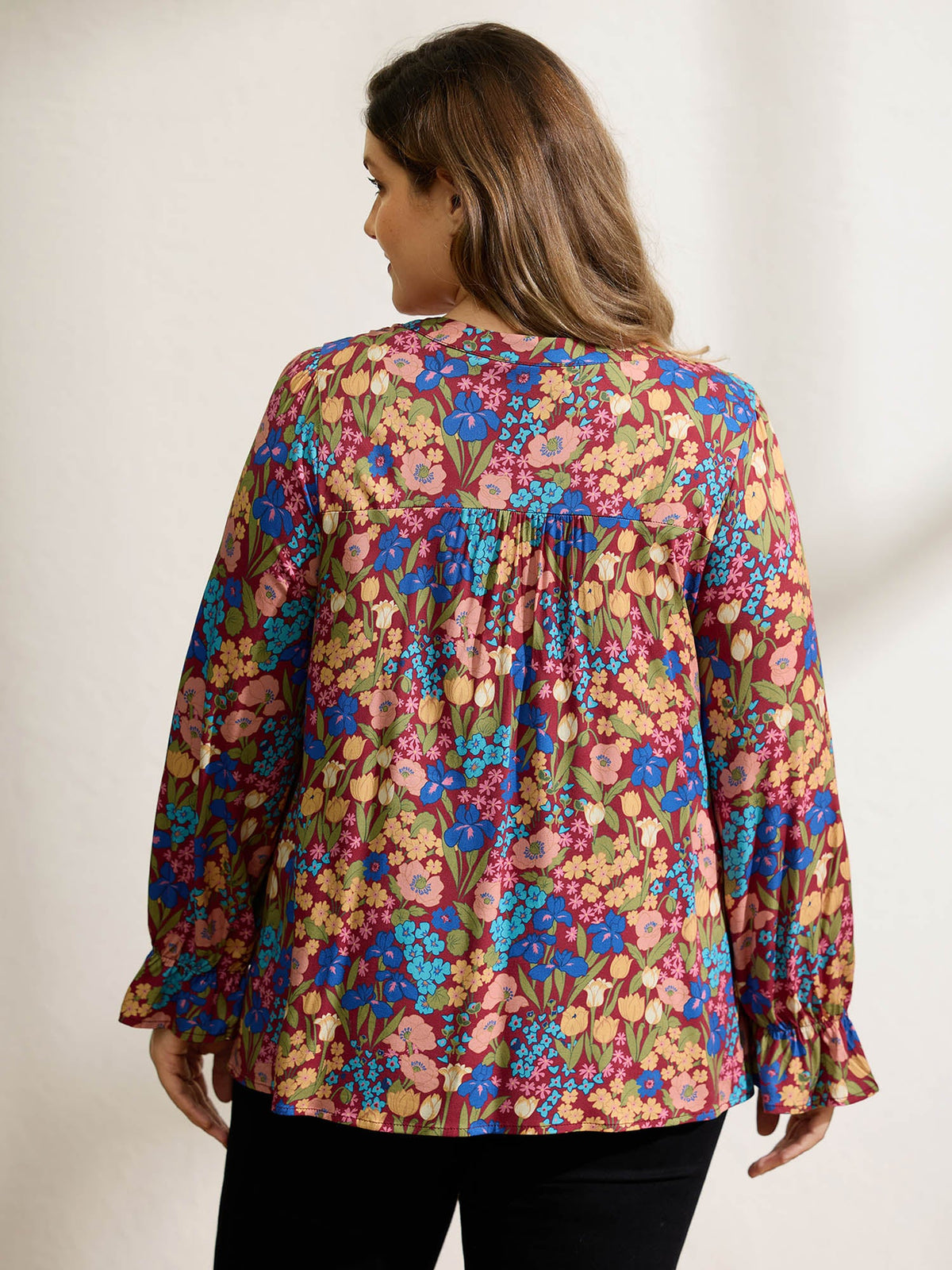 Floral Print Contrast Webbing Notched Neckline Blouse