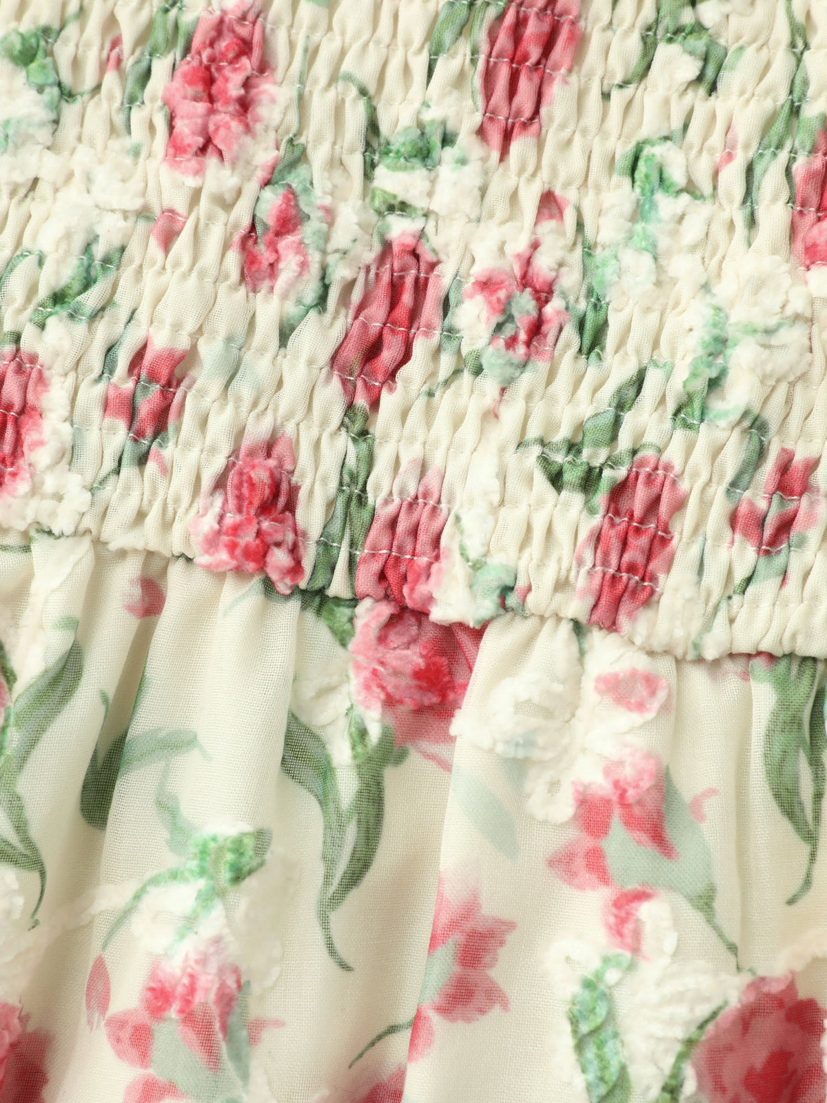 Rosy Floral Print Sweetheart Neckline Shirred Blouse