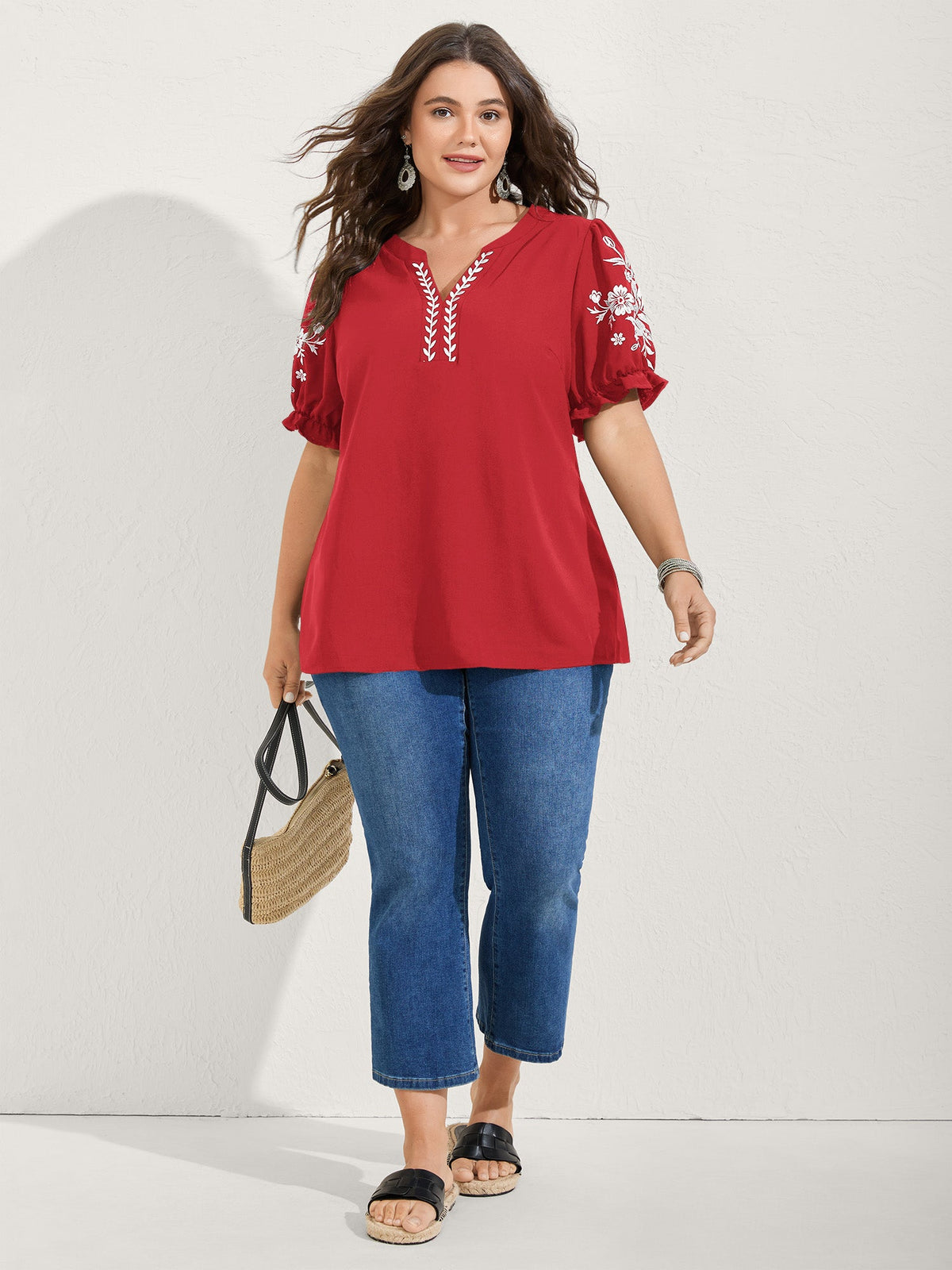 Notched Collar Embroidered Ruffled Blouse