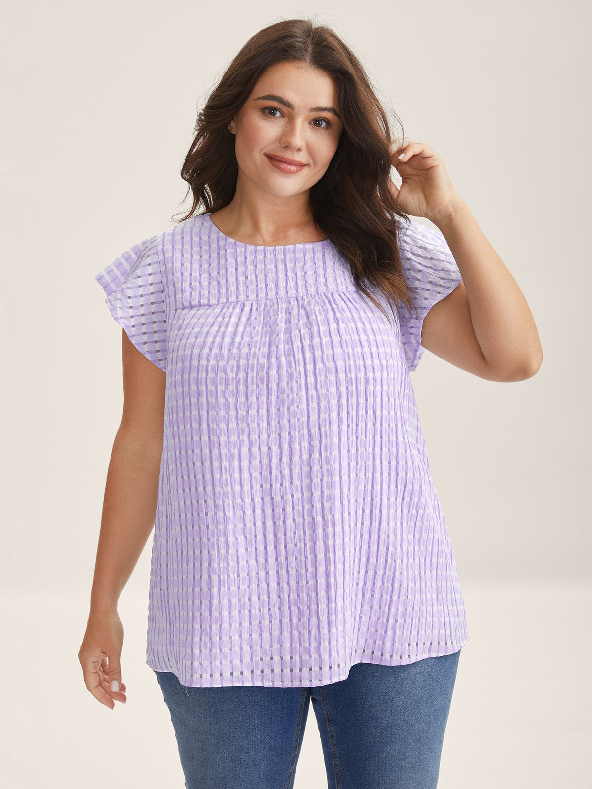 Textured Sheer Lined Flutter Sleeve Blouse