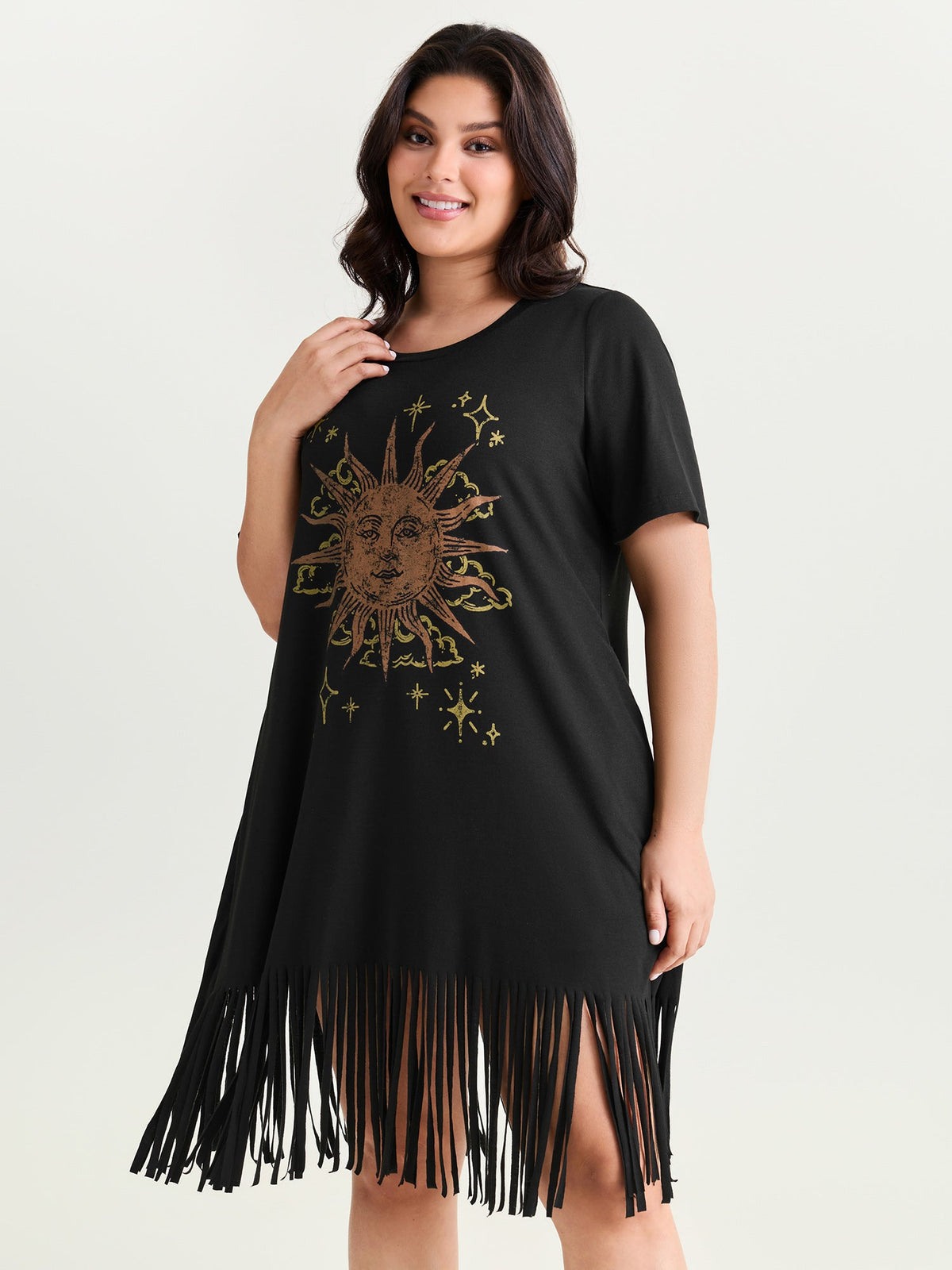 Sunkissed Print Fringe Hem T-Shirt Midi Dress