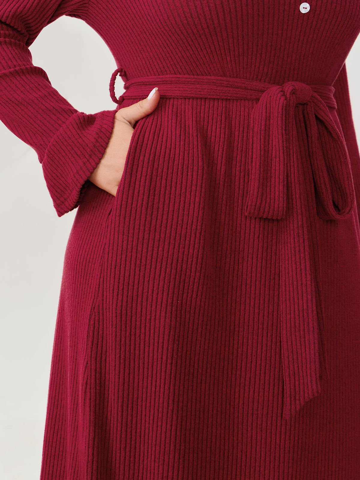 Textured Belted Waist Button Midi Dress
